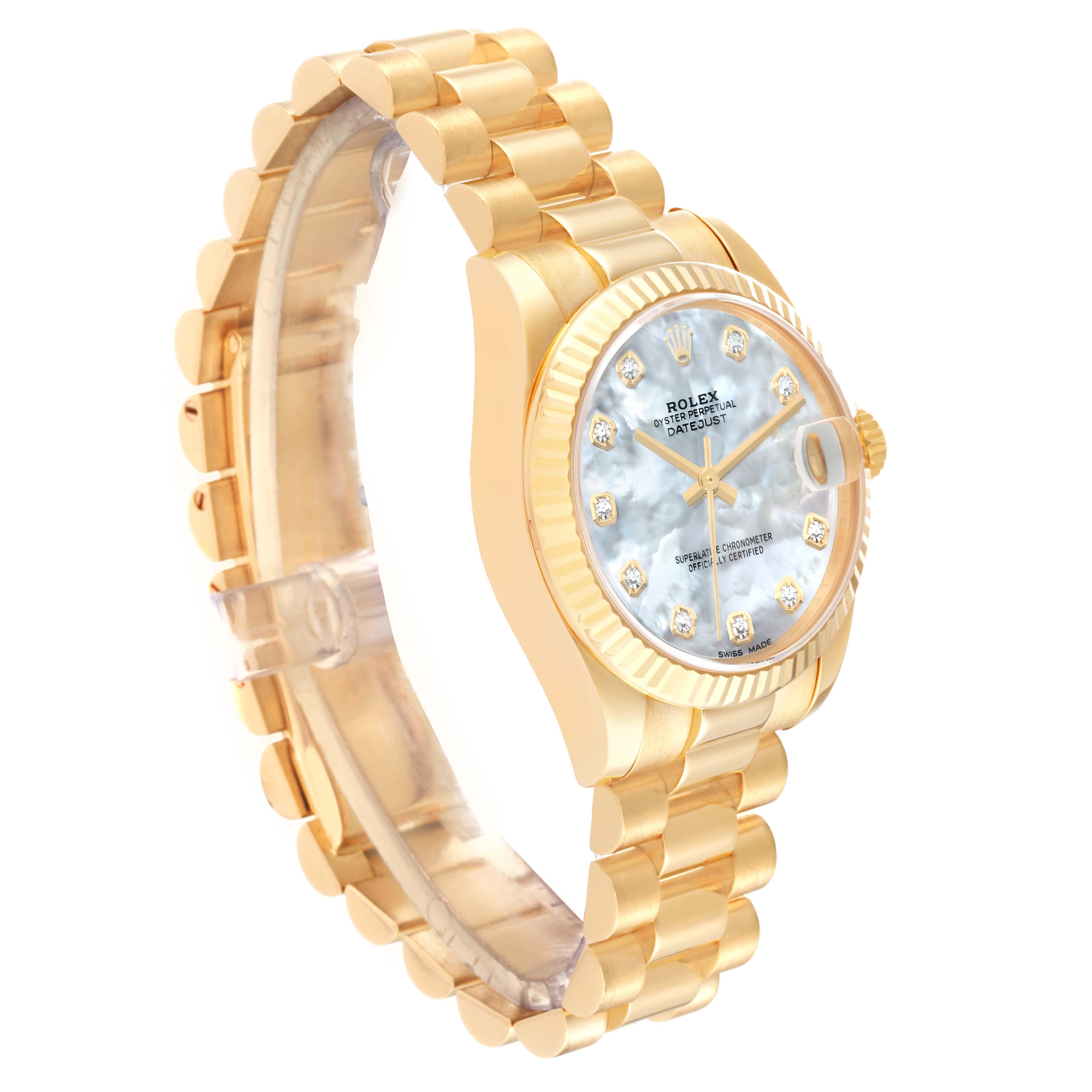 Rolex President Midsize Yellow Gold MOP Diamond Dial Ladies Watch 178278 In Excellent Condition For Sale In Atlanta, GA