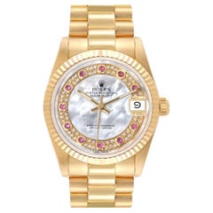 Rolex President Midsize Yellow Gold MOP Ruby Myriad Dial Ladies Watch 68278