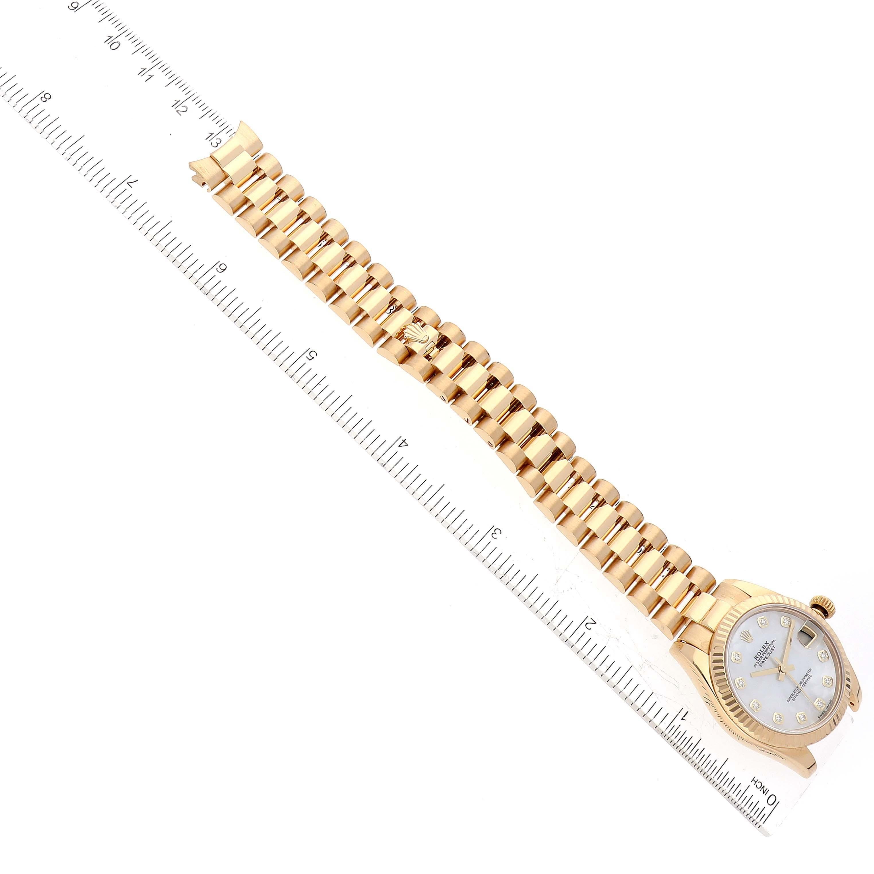 Rolex President Midsize Yellow Gold Mother Of Pearl Diamond Dial Ladies Watch For Sale 7