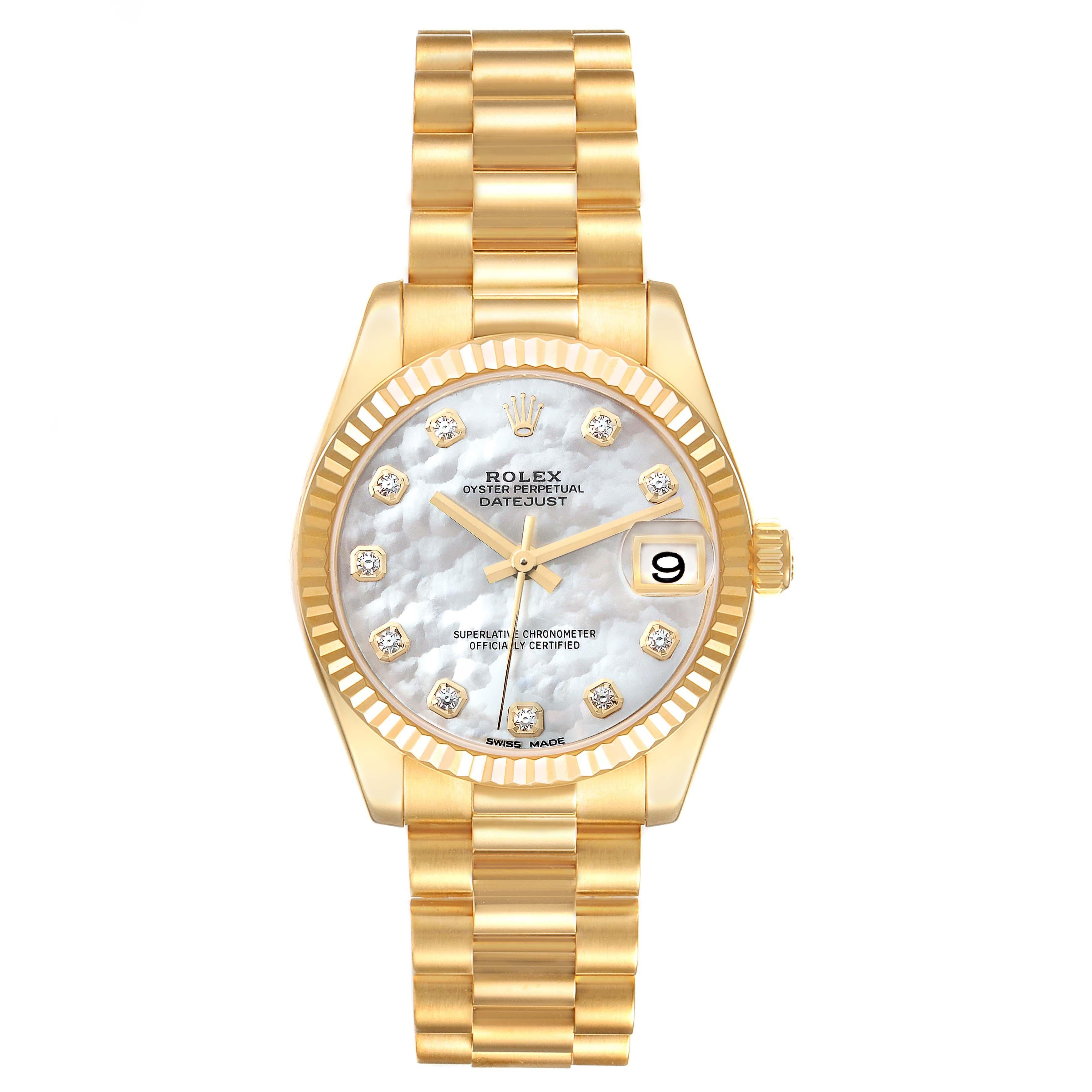 Rolex President Midsize Yellow Gold Mother Of Pearl Diamond Dial Ladies Watch 178278. Officially certified chronometer automatic self-winding movement. 18k yellow gold oyster case 31.0 mm in diameter. Rolex logo on a crown. 18k yellow gold fluted