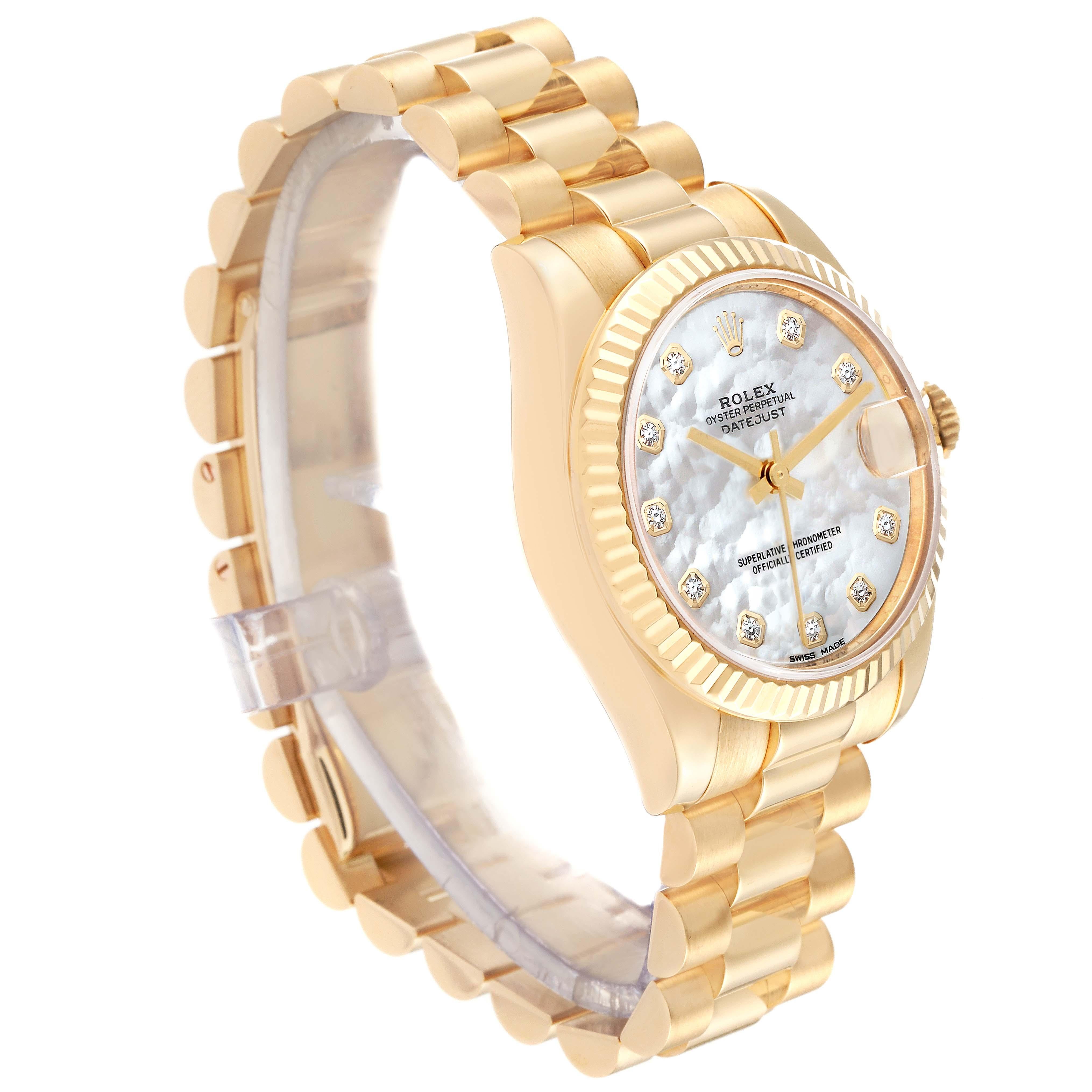 Rolex President Midsize Yellow Gold Mother Of Pearl Diamond Dial Ladies Watch In Excellent Condition For Sale In Atlanta, GA
