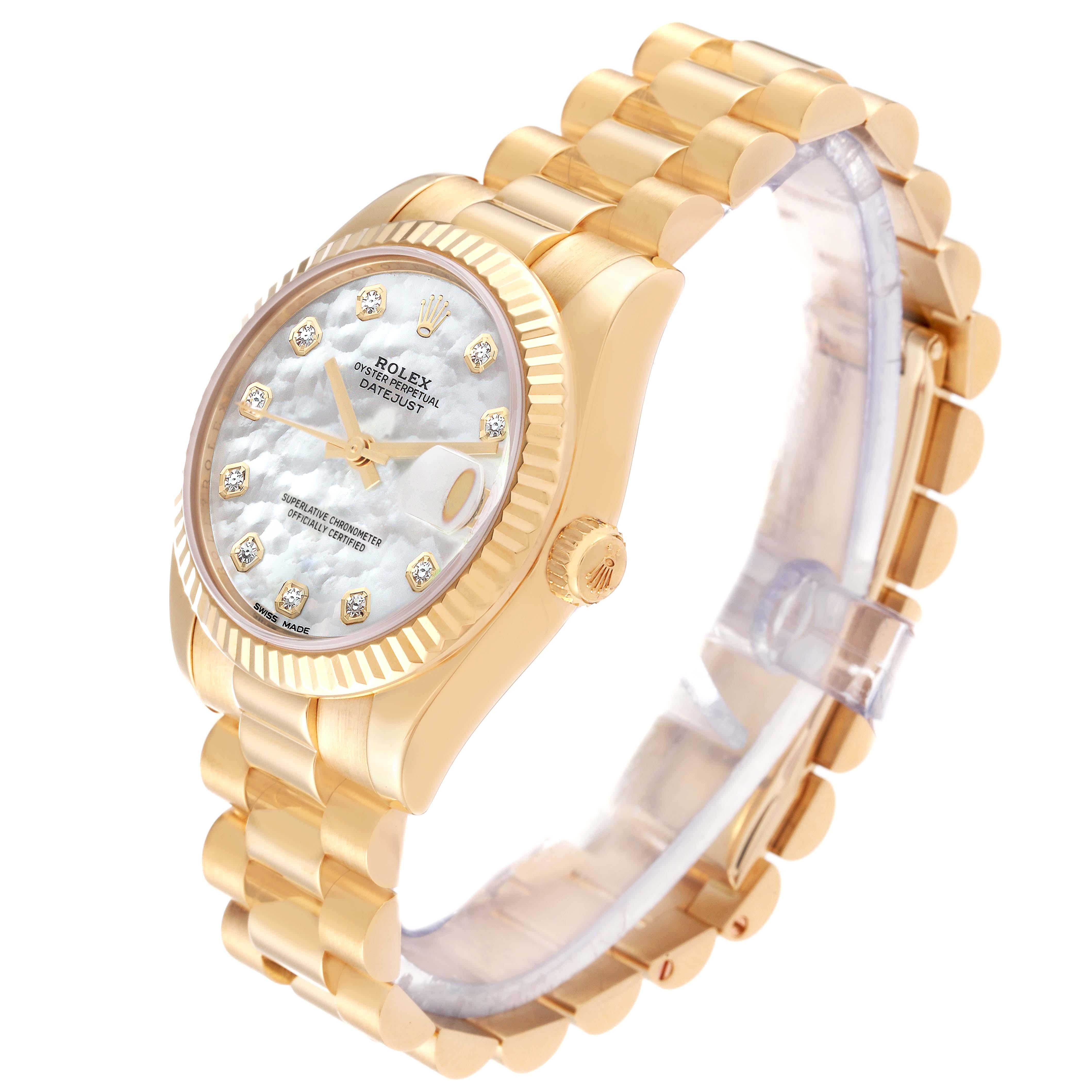 Women's Rolex President Midsize Yellow Gold Mother Of Pearl Diamond Dial Ladies Watch For Sale