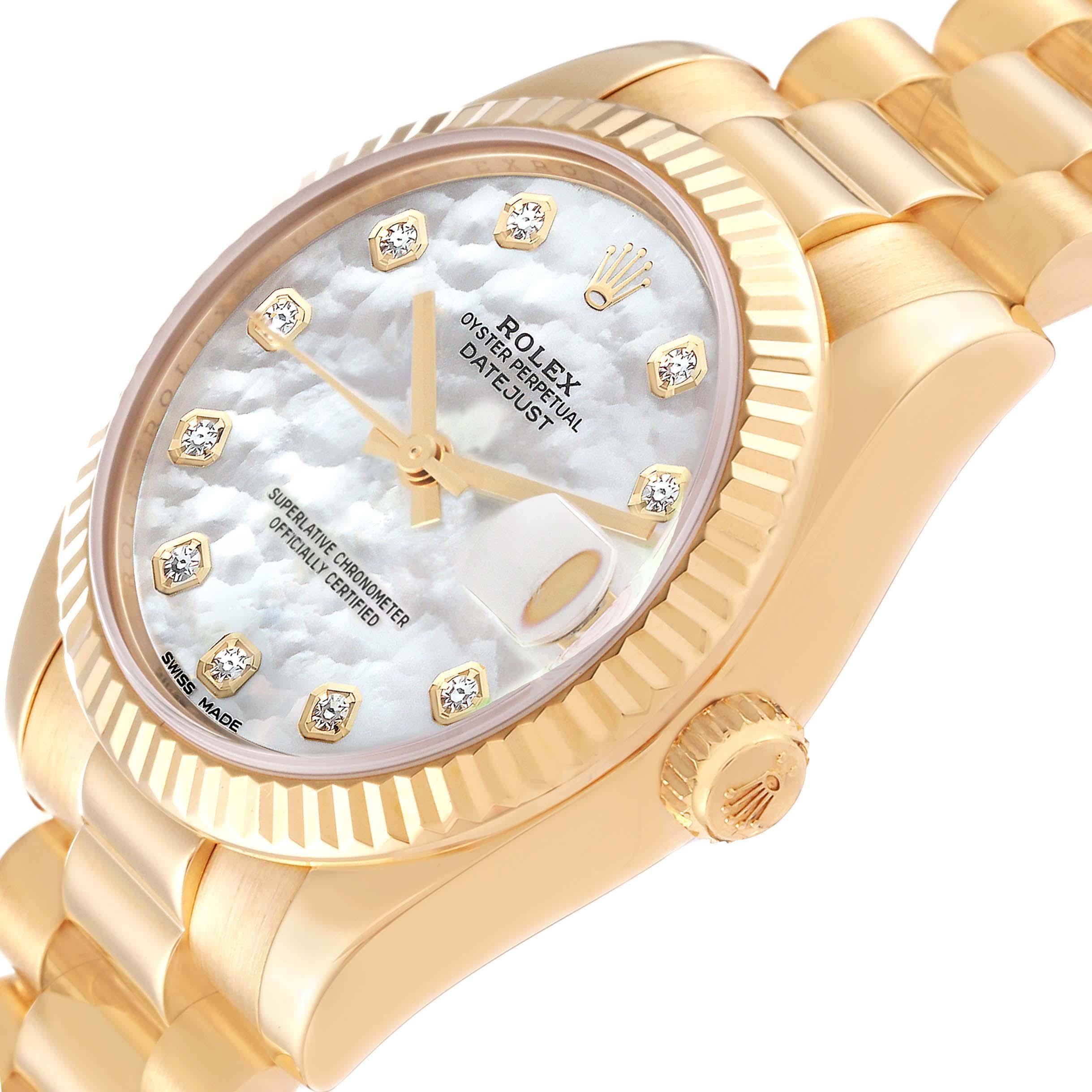 Rolex President Midsize Yellow Gold Mother Of Pearl Diamond Dial Ladies Watch For Sale 1