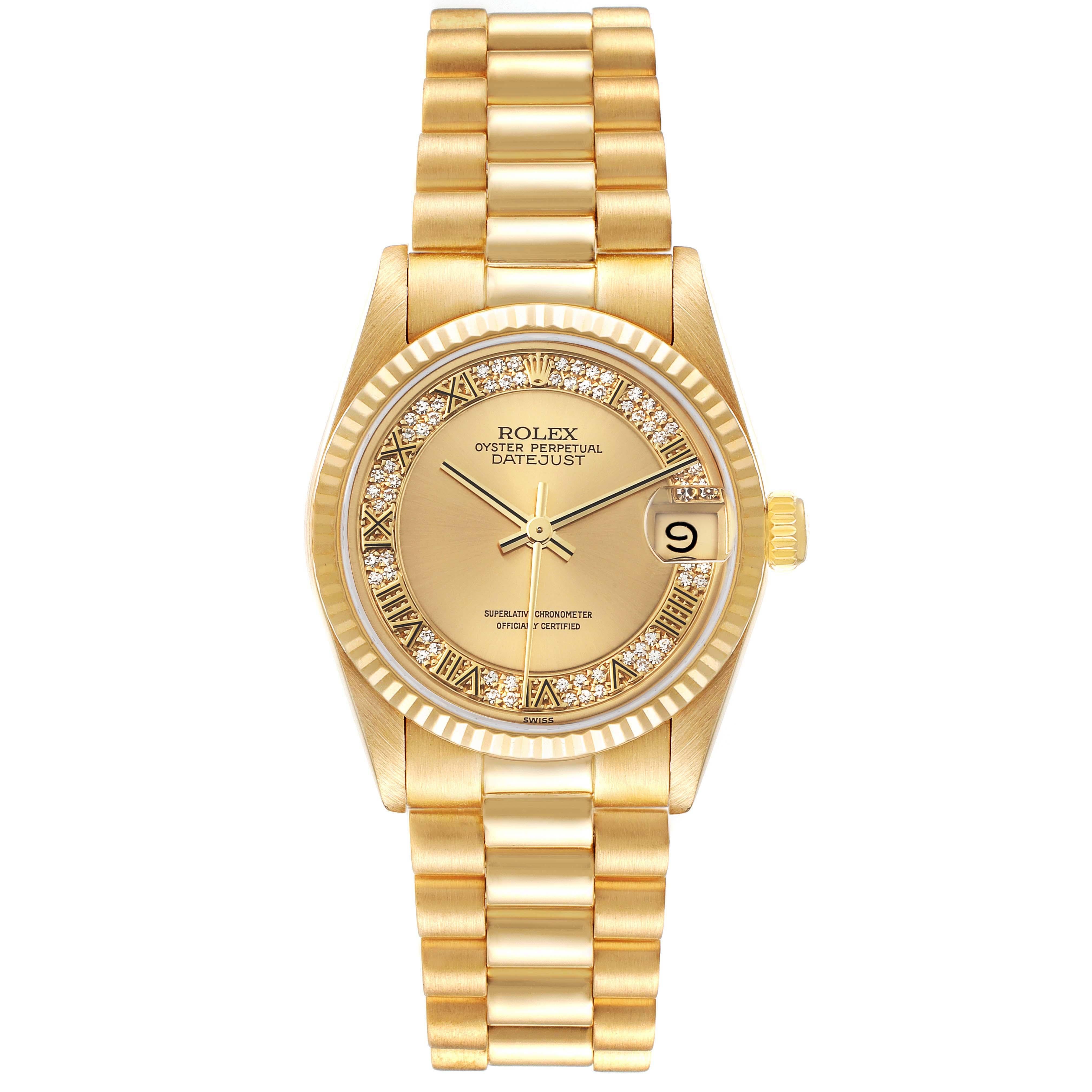 Rolex President Midsize Yellow Gold Myriad Diamond Dial Ladies Watch 68278. Officially certified chronometer automatic self-winding movement. 18k yellow gold oyster case 31.0 mm in diameter. Rolex logo on the crown. 18k yellow gold fluted bezel.