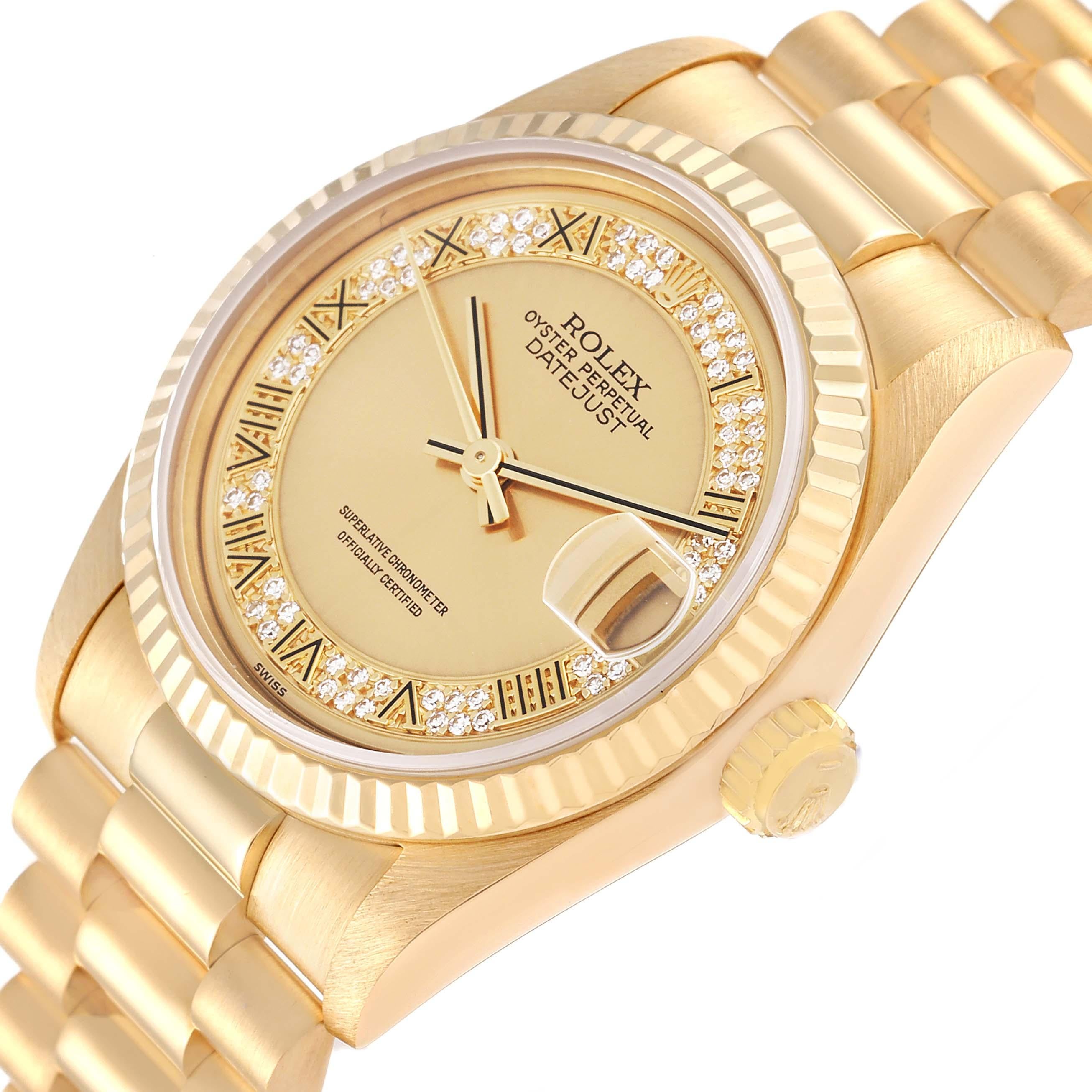 Rolex President Midsize Yellow Gold Myriad Diamond Dial Ladies Watch 68278 In Excellent Condition In Atlanta, GA