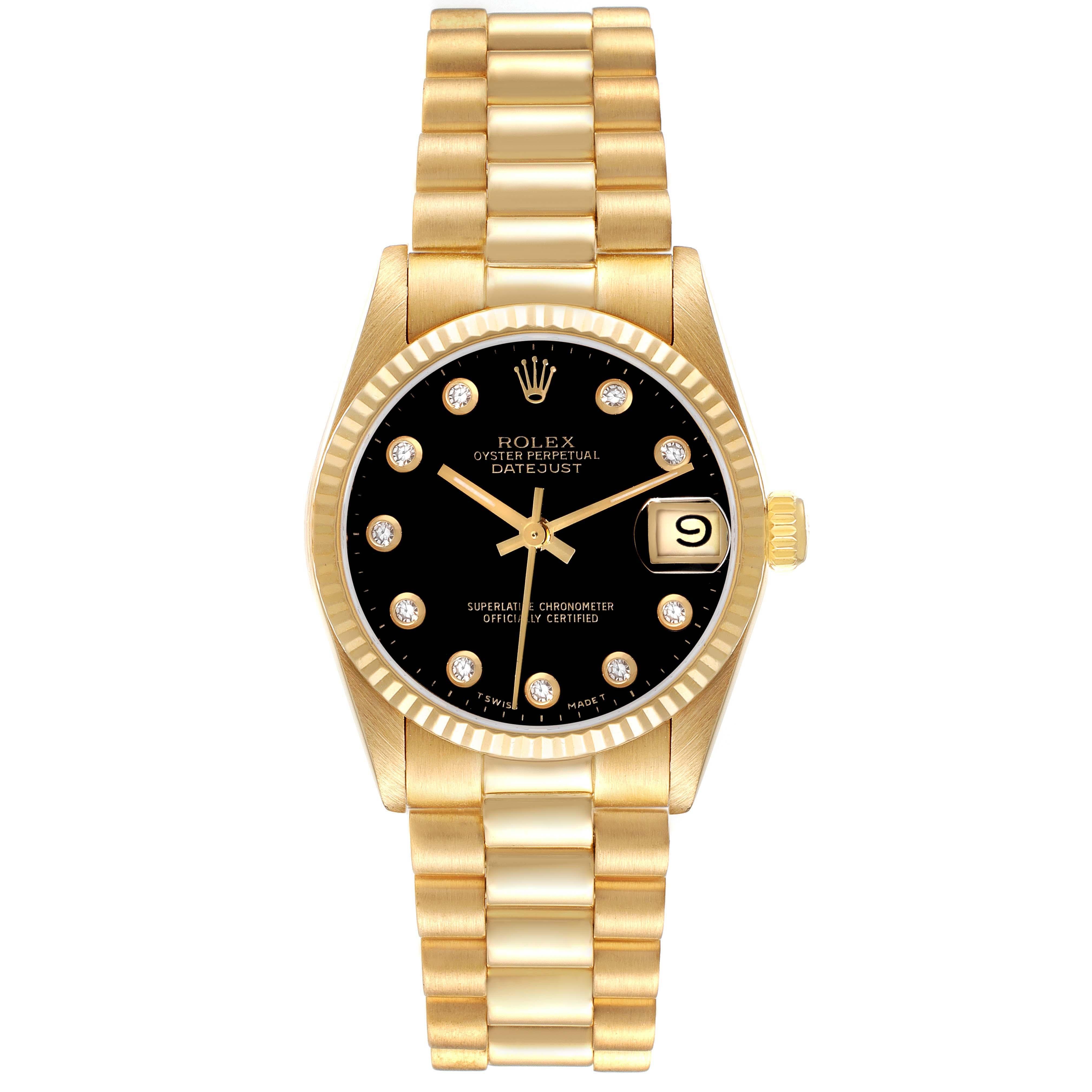 Rolex President Midsize Yellow Gold Onyx Diamond Dial Ladies Watch 68278. Mouvement à remontage automatique certifié chronomètre. Boîtier en or jaune 18 carats de 31,0 mm de diamètre. Logo Rolex sur la couronne. Lunette cannelée en or jaune 18k.
