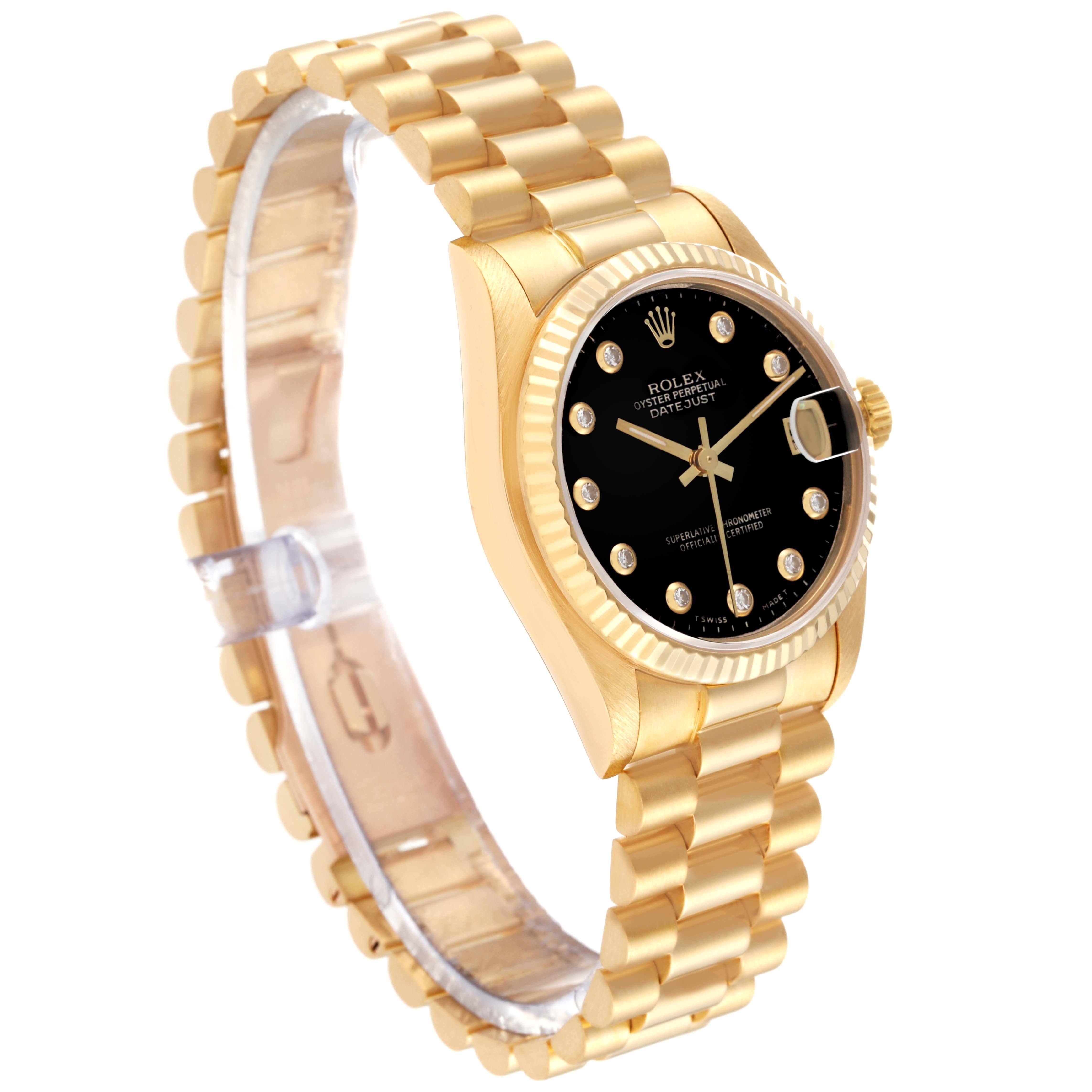 Rolex President Midsize Yellow Gold Onyx Diamond Dial Ladies Watch 68278 In Excellent Condition For Sale In Atlanta, GA