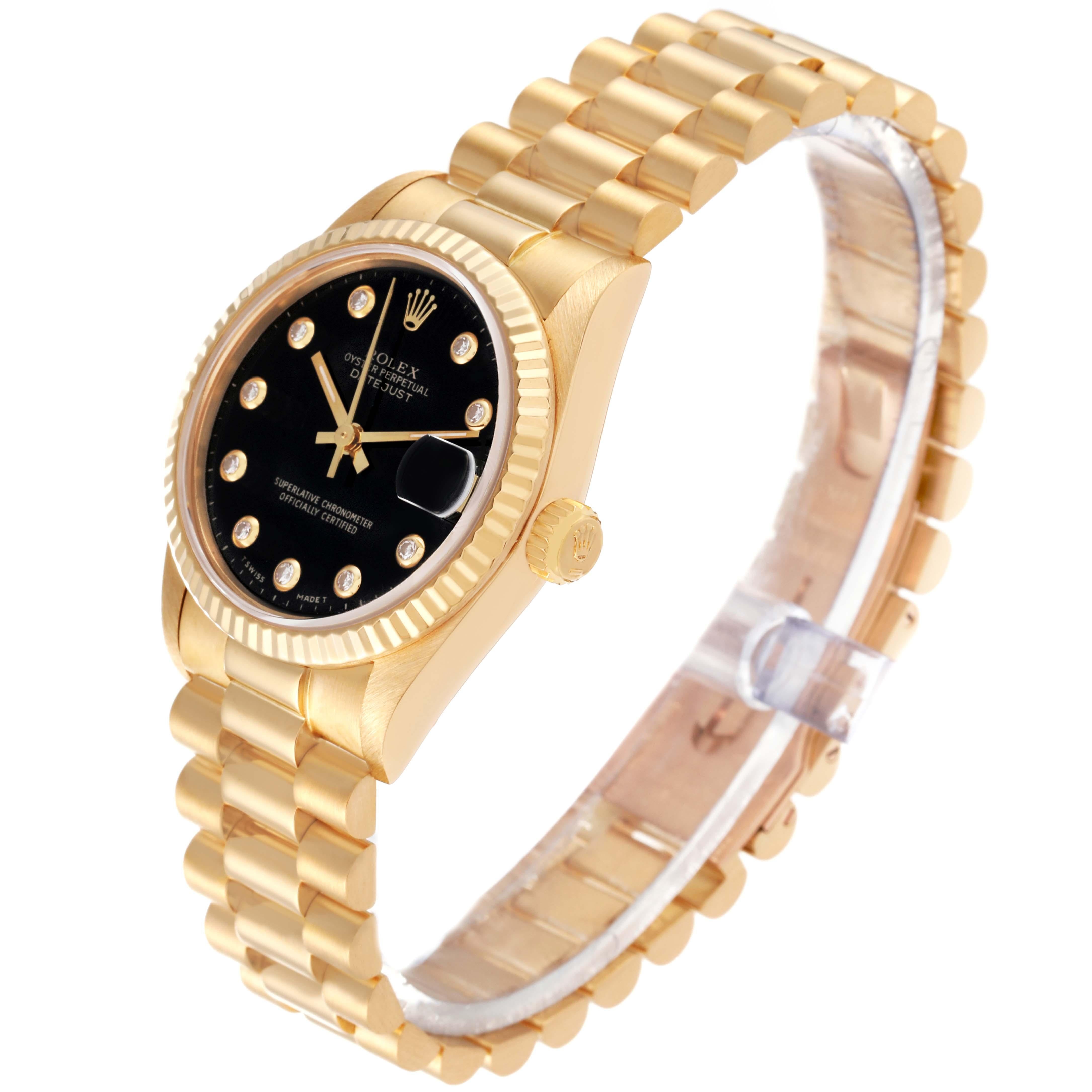 Women's Rolex President Midsize Yellow Gold Onyx Diamond Dial Ladies Watch 68278 For Sale