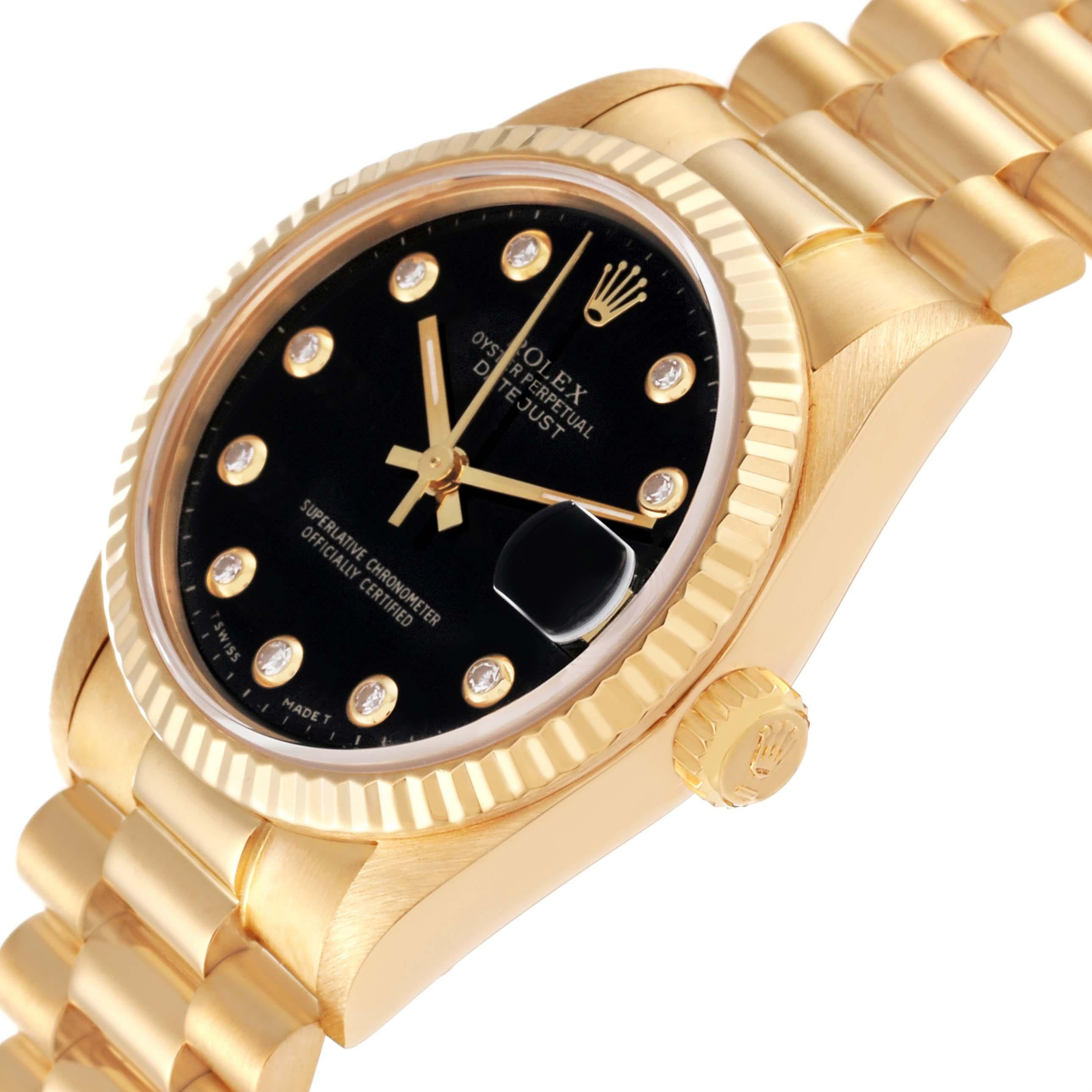 Rolex President Midsize Yellow Gold Onyx Diamond Dial Ladies Watch 68278 en vente 1