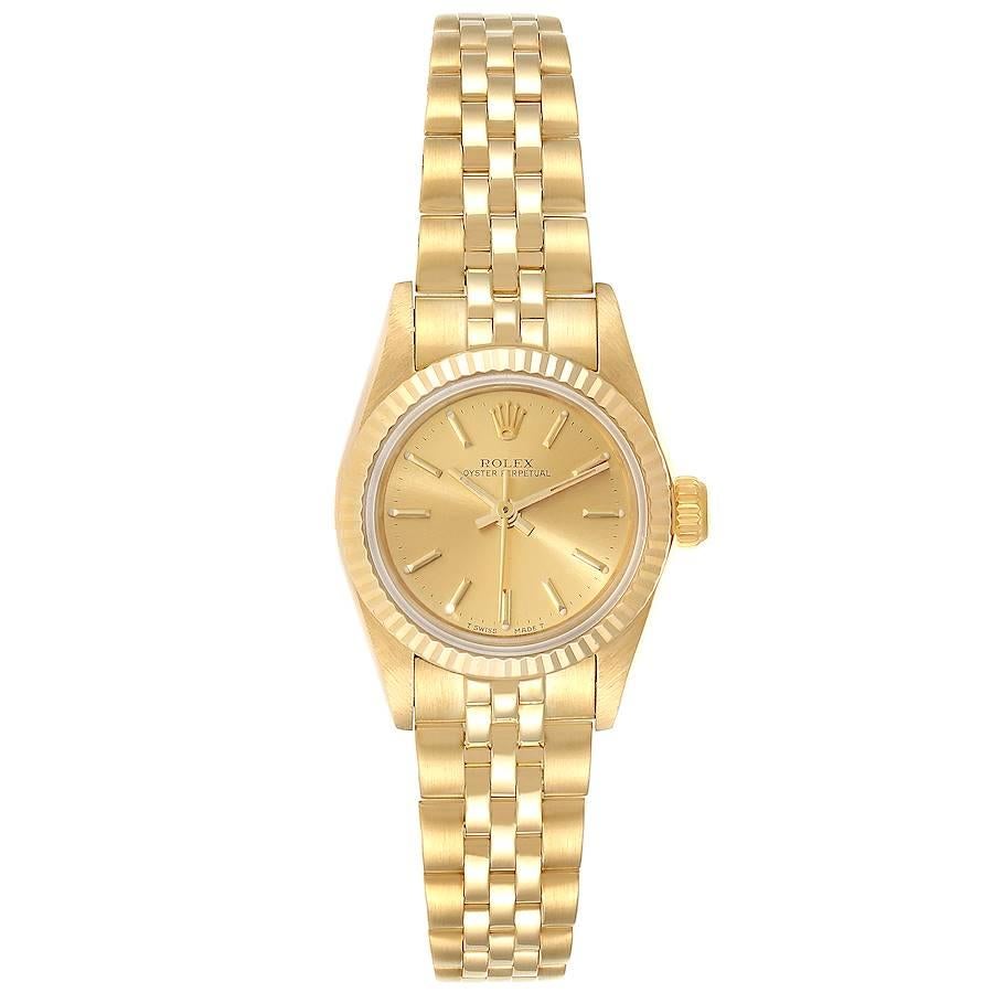 Rolex President No-Date 14K Yellow Gold Ladies Watch 67198. Automatic self-winding movement. 14k yellow gold oyster case 24.0 mm in diameter. Rolex logo on a crown. 14k yellow gold fluted bezel. Scratch resistant sapphire crystal. Champagne dial