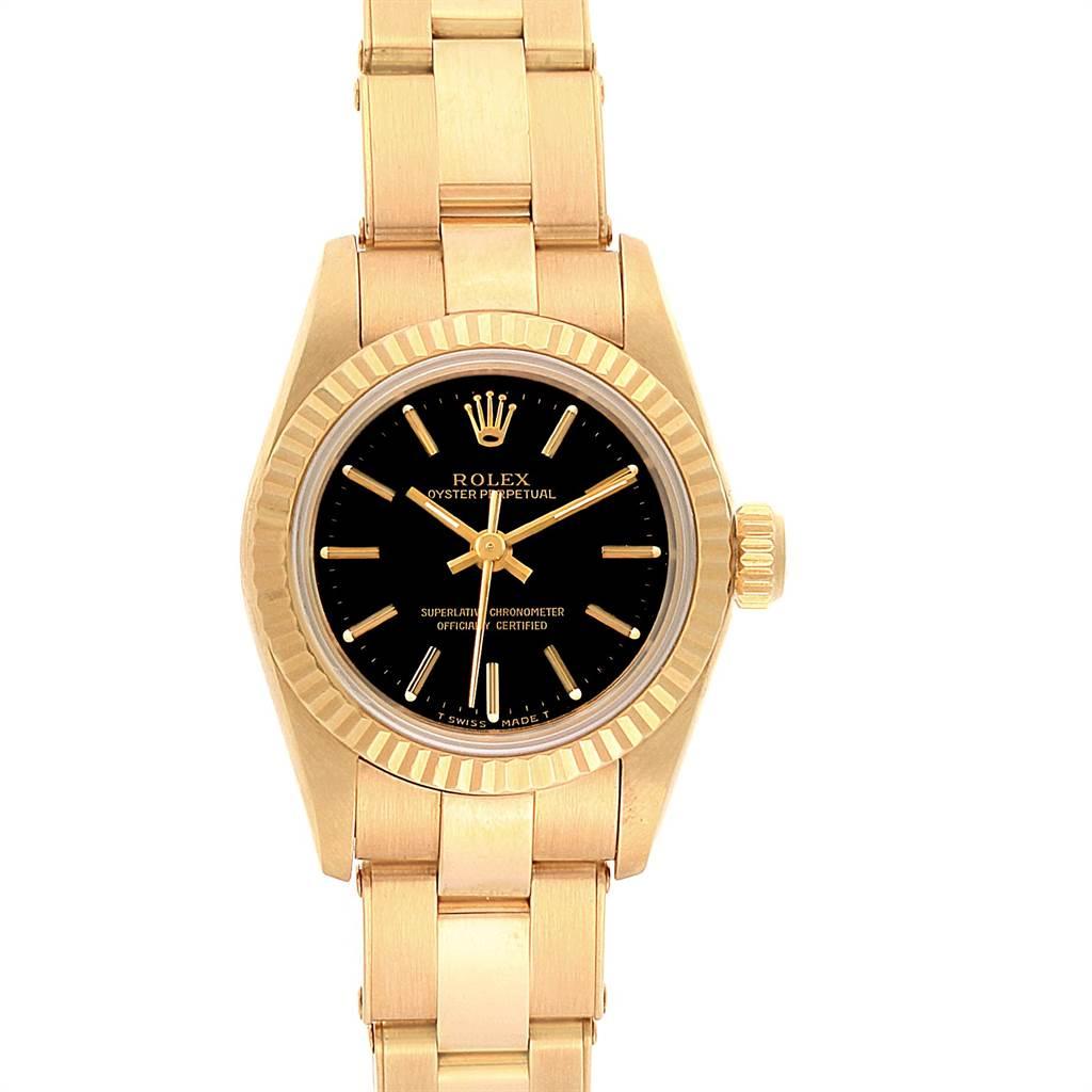 Rolex President No-Date Yellow Gold Black Dial Ladies Watch 67198. Automatic self-winding movement. 18k yellow gold oyster case 24.0 mm in diameter. Rolex logo on a crown. 18k yellow gold fluted bezel. Scratch resistant sapphire crystal. Black dial