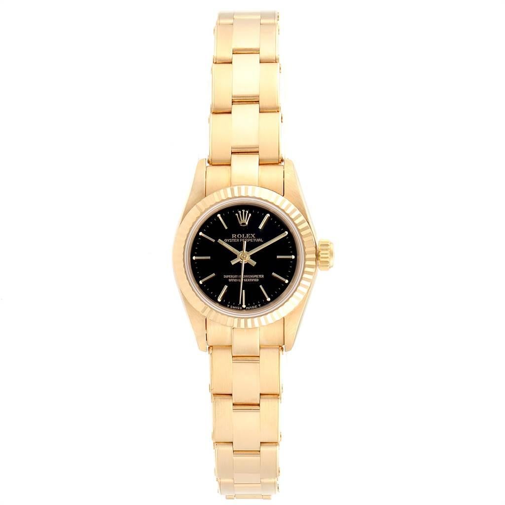 Rolex President No-Date Yellow Gold Black Dial Ladies Watch 67198 In Excellent Condition For Sale In Atlanta, GA
