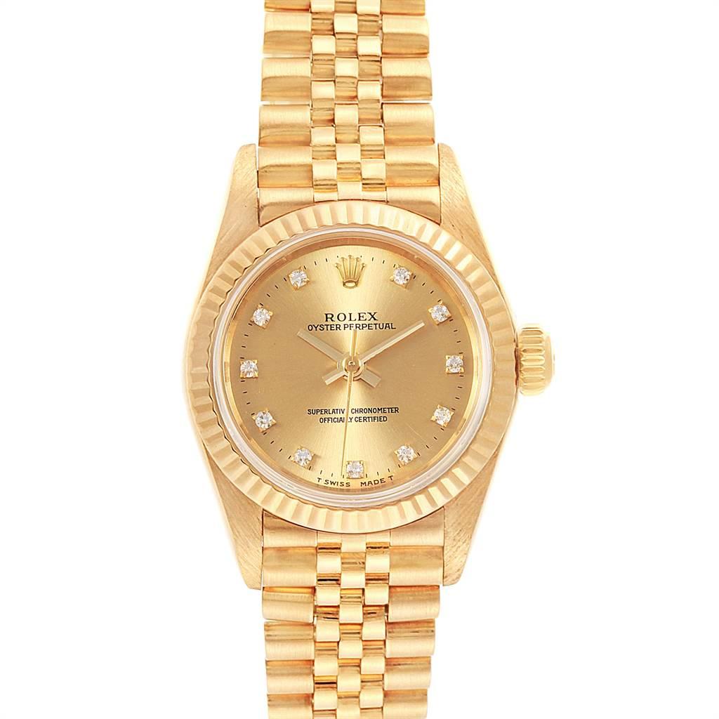 Rolex President No-Date Yellow Gold Diamond Ladies Watch 67198. Automatic self-winding movement. 18k yellow gold oyster case 24.0 mm in diameter. Rolex logo on a crown. 18k yellow gold fluted bezel. Scratch resistant sapphire crystal. Champagne dial