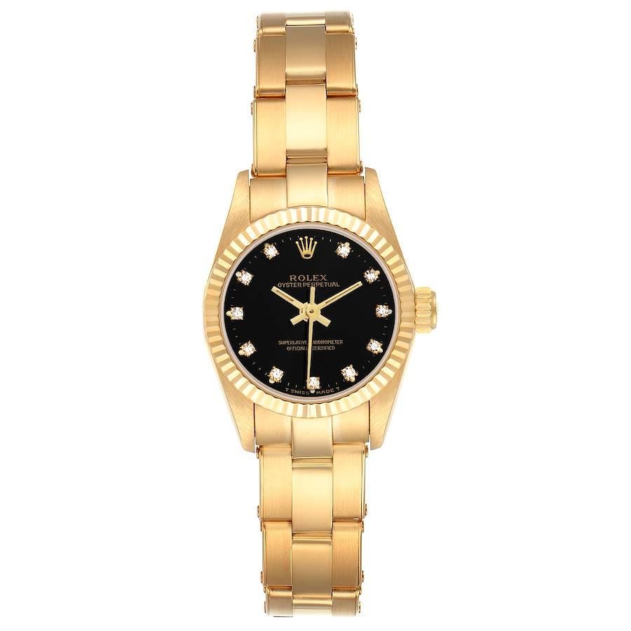 Rolex President No-Date Yellow Gold Diamond Ladies Watch 67198. Automatic self-winding movement. 18k yellow gold oyster case 24.0 mm in diameter. Rolex logo on a crown. 18k yellow gold fluted bezel. Scratch resistant sapphire crystal. Black dial