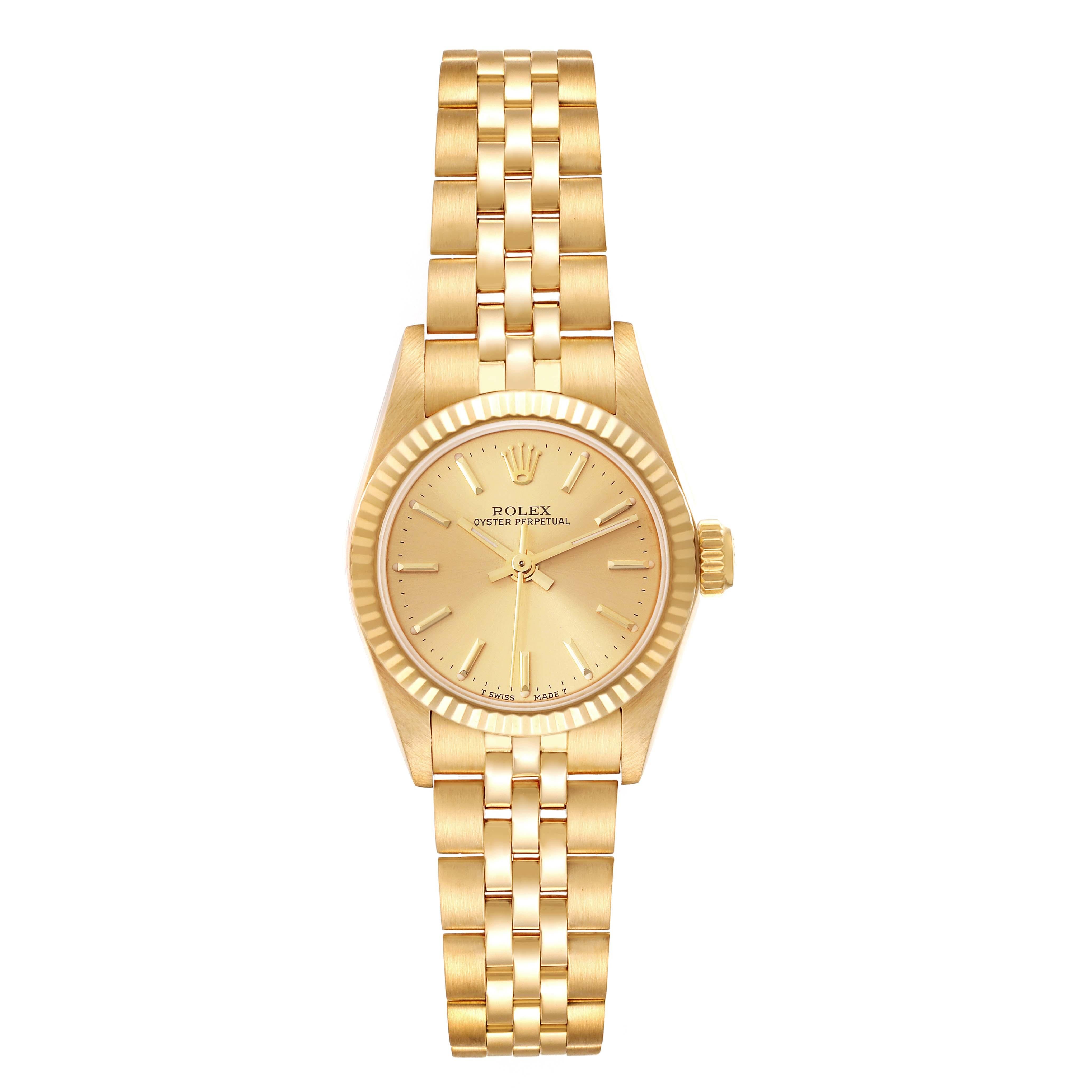 Rolex President No-Date Yellow Gold Jubilee Bracelet Ladies Watch 67198. Automatic self-winding movement. 14k yellow gold oyster case 24.0 mm in diameter. Rolex logo on a crown. 18k yellow gold fluted bezel. Scratch resistant sapphire crystal.