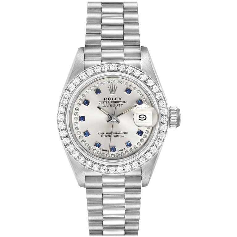 Rolex President Platinum Diamond Sapphire Ladies Watch 69136 Box Papers For  Sale at 1stDibs