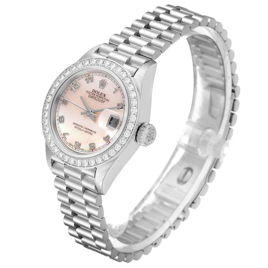 Rolex President Platinum MOP Dial Diamond Ladies Watch 69136 Papers In Excellent Condition For Sale In Atlanta, GA