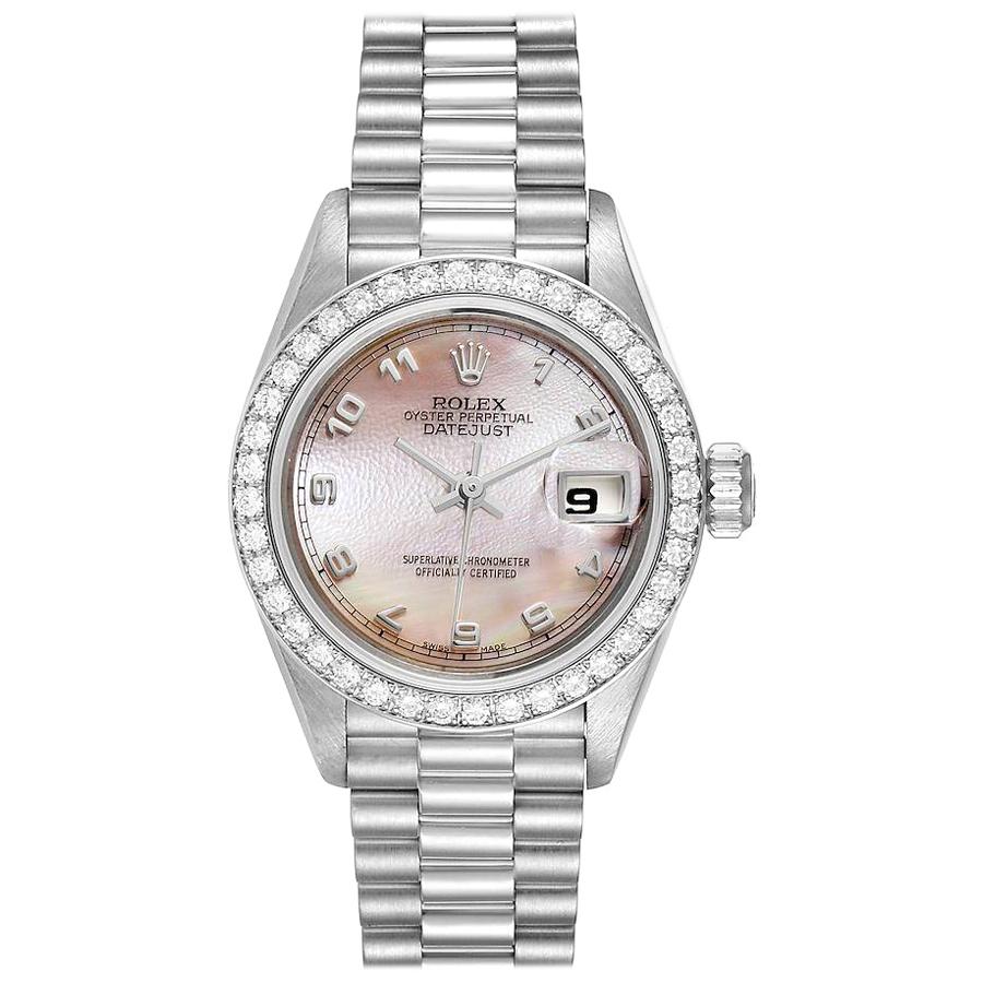 Rolex President Platinum MOP Dial Diamond Ladies Watch 69136 Papers For Sale