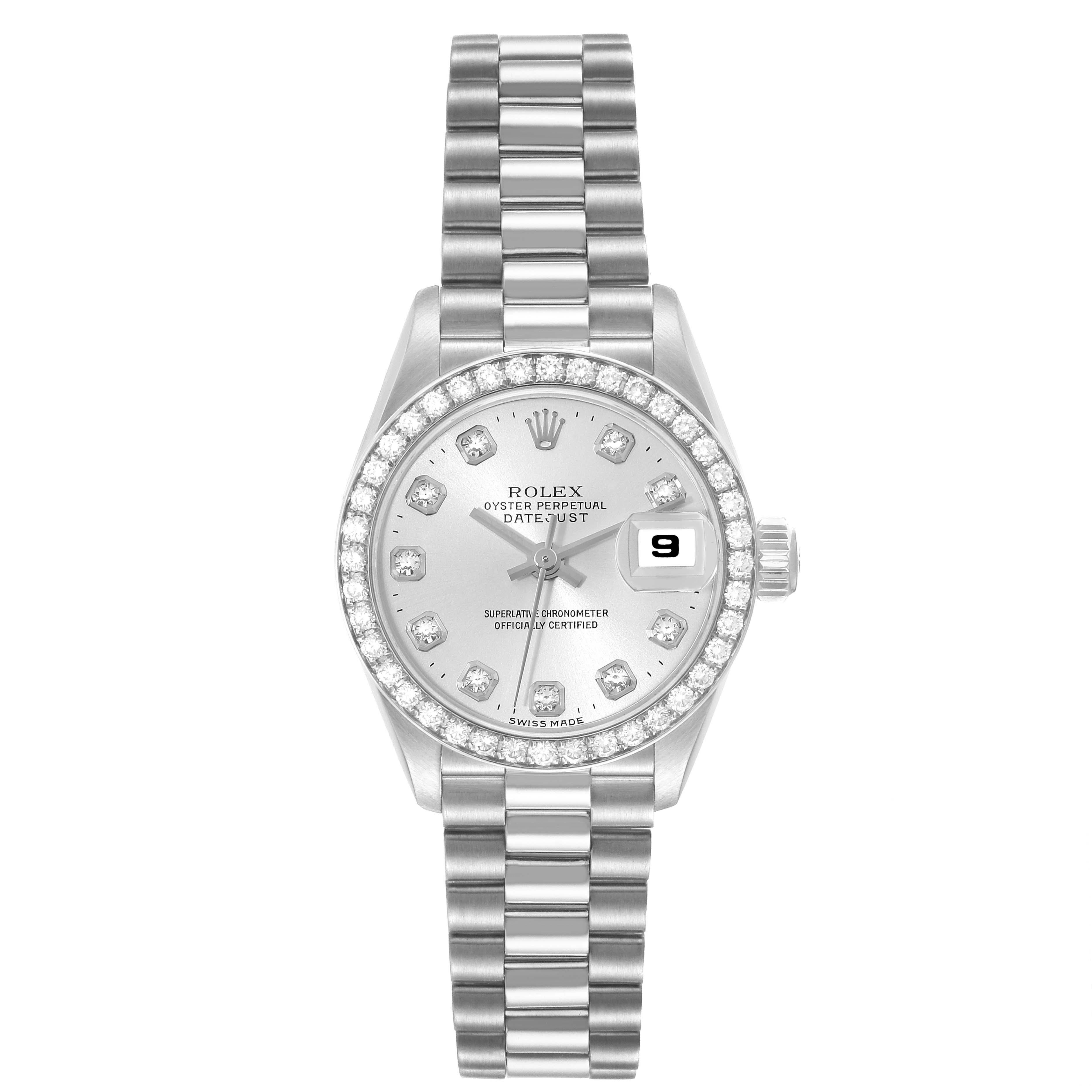 Rolex President Platinum Silver Dial Diamond Ladies Watch 69136 In Excellent Condition For Sale In Atlanta, GA