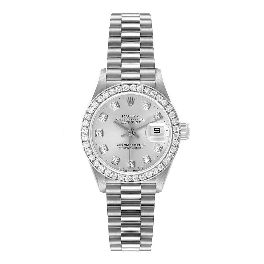 Rolex President Platinum Silver Diamond Dial Ladies Watch 69136. Officially certified chronometer self-winding movement. Platinum oyster case 26.0 mm in. Original Rolex factory diamond bezel. Scratch resistant sapphire crystal with Cyclops