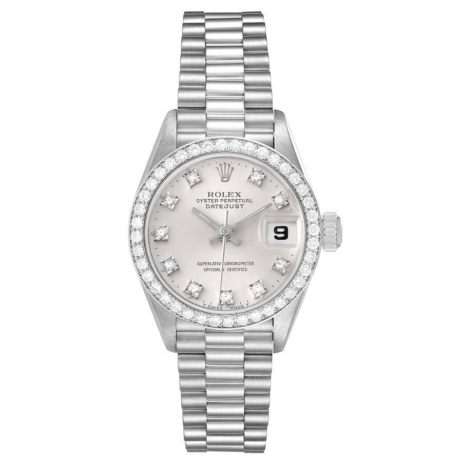 Rolex President Platinum Silver Diamond Dial Ladies Watch 69136. Officially certified chronometer self-winding movement. Platinum oyster case 26.0 mm in diameter. Rolex logo on a crown. Original Rolex factory diamond bezel. Scratch resistant