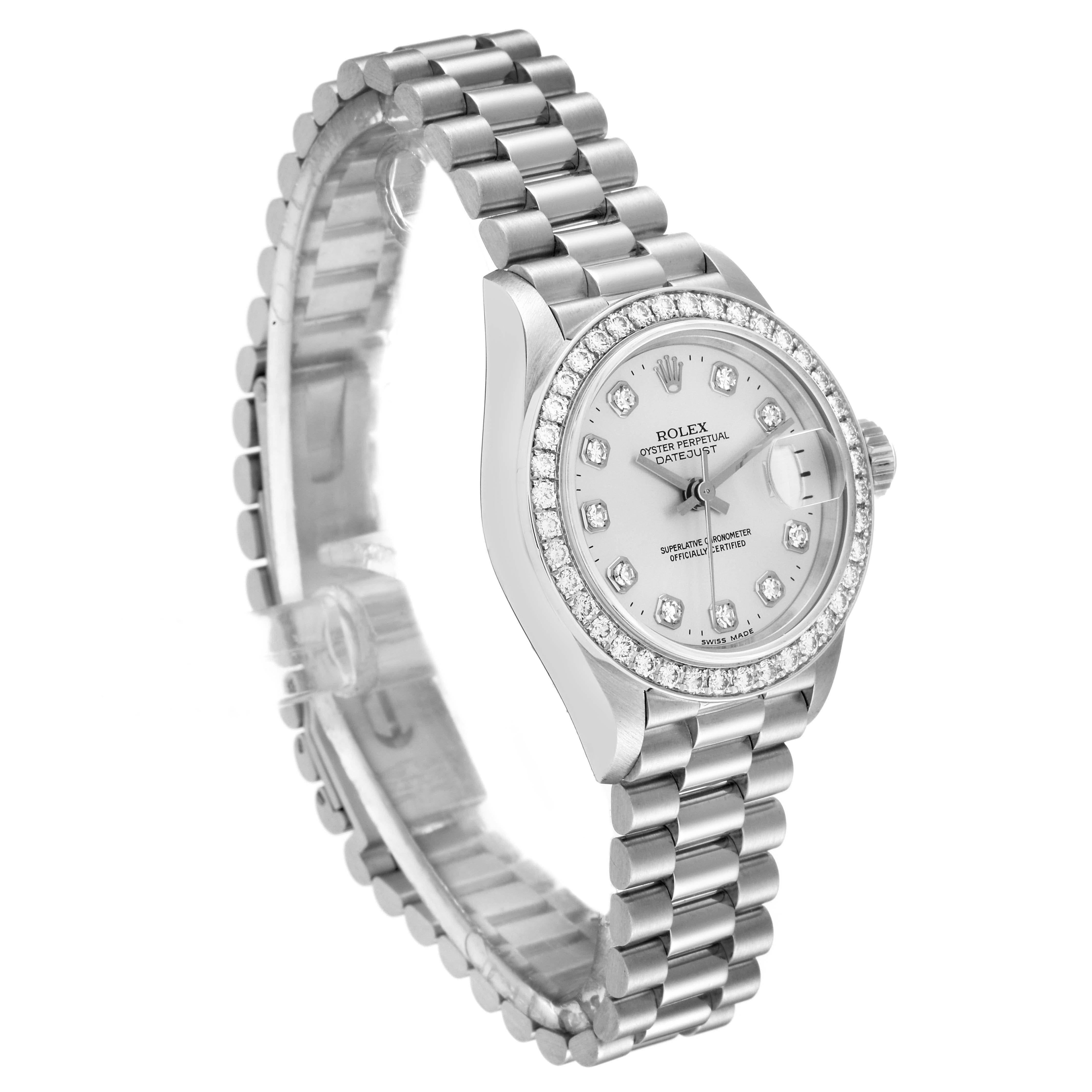 Rolex President Silver Dial Platinum Diamond Ladies Watch 69136 In Good Condition For Sale In Atlanta, GA