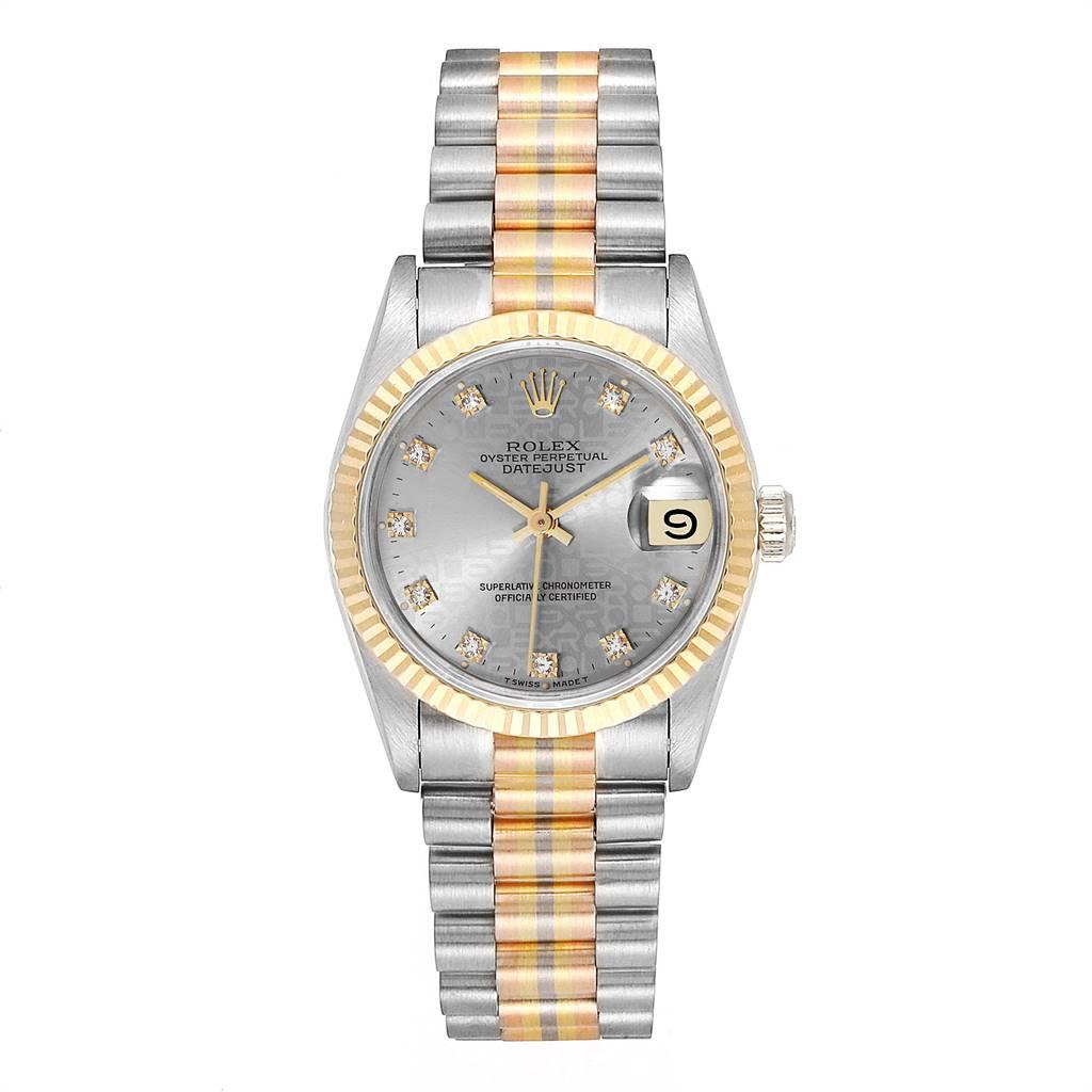 Rolex President Tridor 31 Midsize White Yellow Rose Diamond Watch 68279. Officially certified chronometer self-winding movement. 18k white gold oyster case 31.0 mm in diameter. Rolex logo on a crown. 18K yellow gold fluted bezel. Scratch resistant