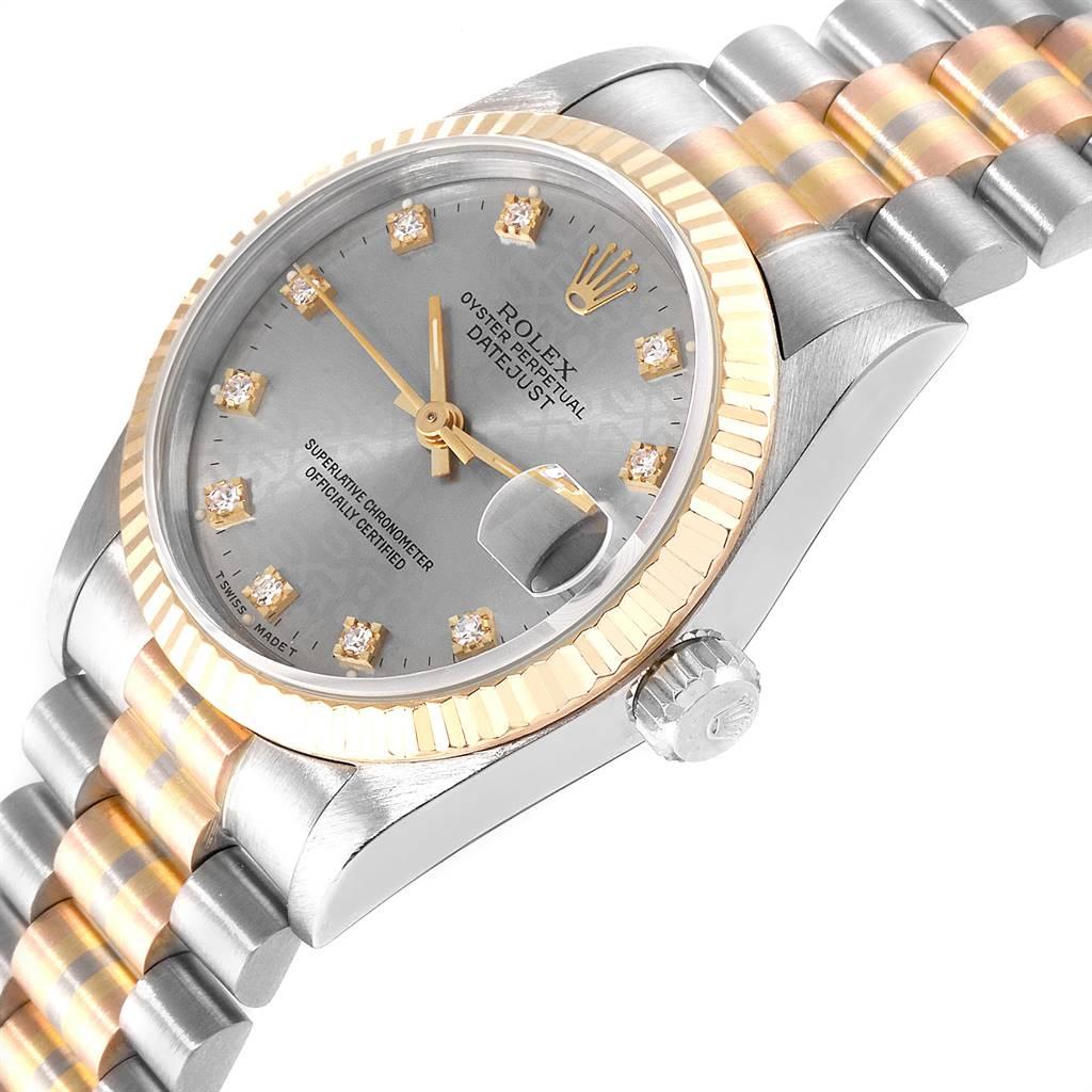 Rolex President Tridor 31 Midsize White Yellow Rose Diamond Watch 68279 In Excellent Condition In Atlanta, GA