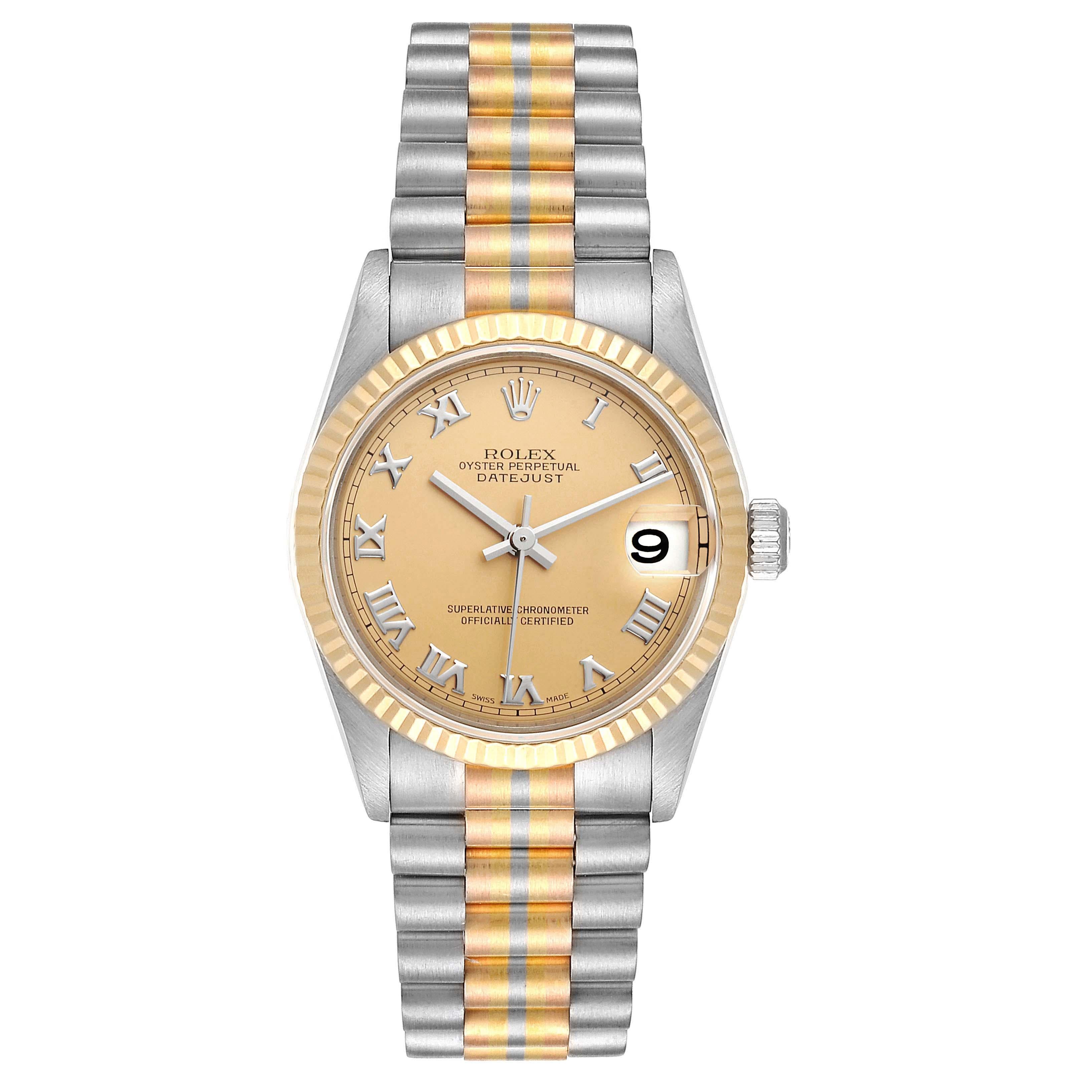 Rolex President Tridor 31 Midsize White Yellow Rose Gold Ladies Watch 78279. Officially certified chronometer self-winding movement. 18k white gold oyster case 31.0 mm in diameter. Rolex logo on a crown. 18K yellow gold fluted bezel. Scratch
