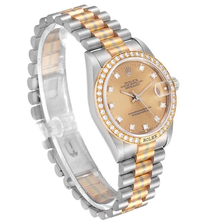 Rolex President Tridor Midsize White Yellow Rose Diamond Watch 68149 In Excellent Condition For Sale In Atlanta, GA