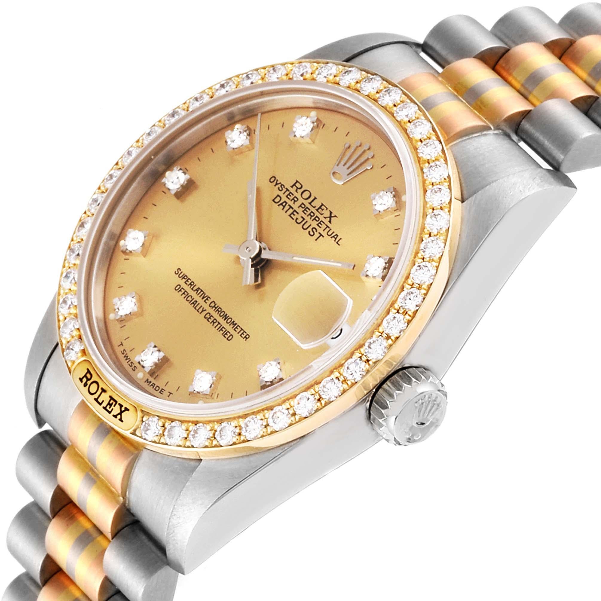 Women's Rolex President Tridor Midsize White Yellow Rose Diamond Watch 68149
