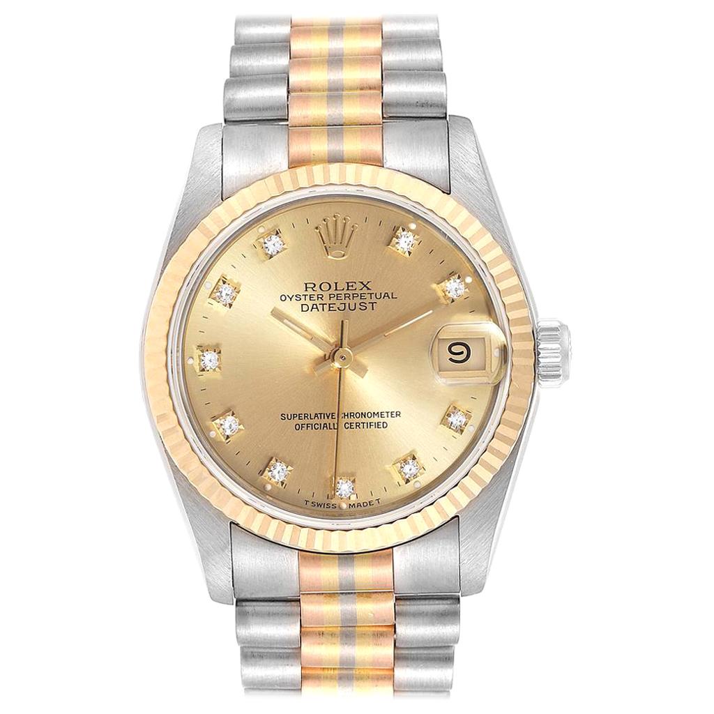 Rolex President Tridor Midsize White Yellow Rose Diamond Watch 68279