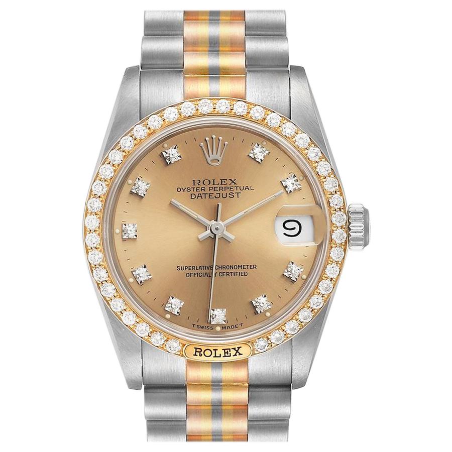 Rolex President Tridor Midsize White Yellow Rose Diamond Watch 68149 For Sale