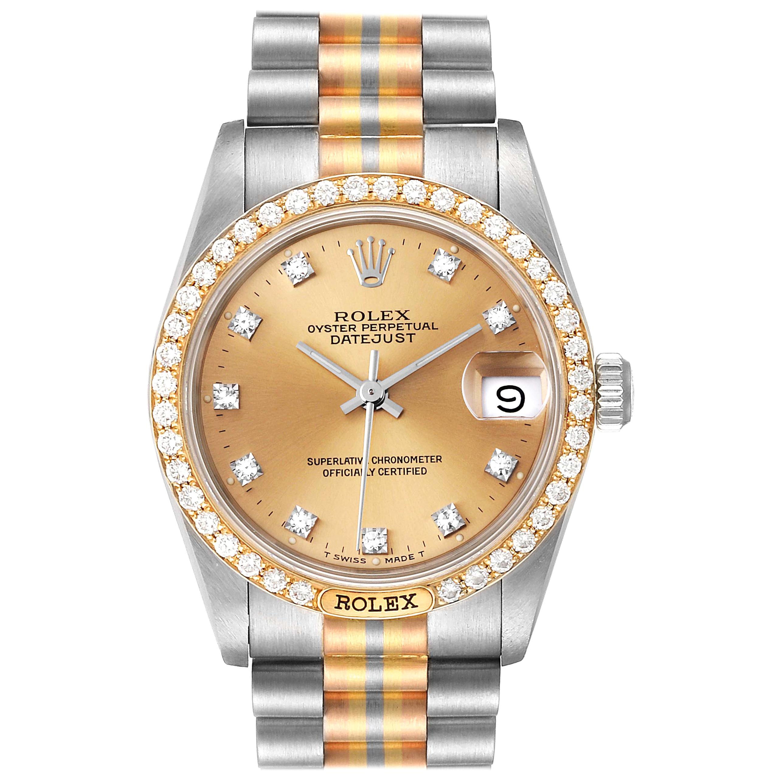 Rolex President Tridor Midsize White Yellow Rose Diamond Watch 68149