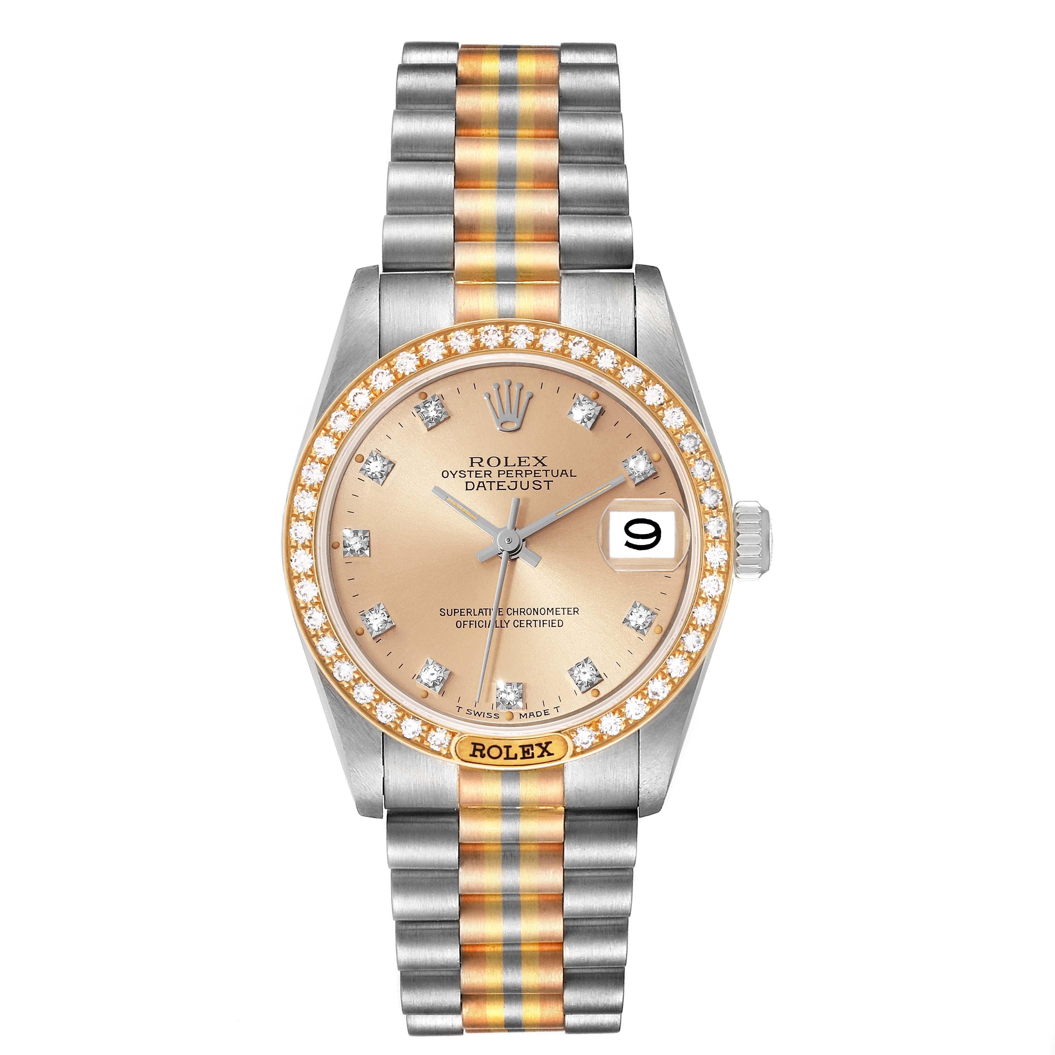 Rolex President Tridor Midsize White Yellow Rose Gold Diamond Ladies Watch 68149. Officially certified chronometer self-winding movement. 18k white gold oyster case 31.0 mm in diameter. Rolex logo on a crown. Original Rolex factory 18k yellow gold