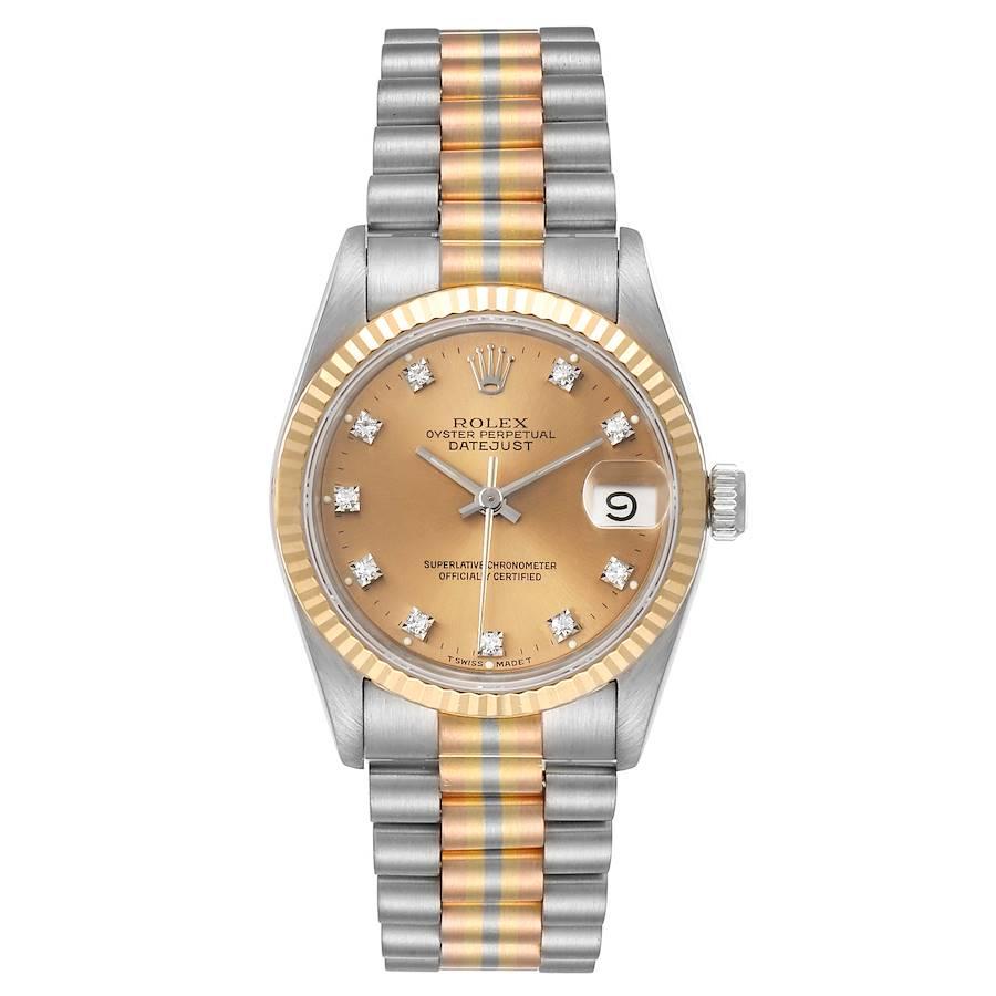 Rolex President Tridor Midsize White Yellow Rose Gold Diamond Ladies Watch 68279. Officially certified chronometer self-winding movement. 18k white gold oyster case 31.0 mm in diameter. Rolex logo on a crown. 18K yellow gold fluted bezel. Scratch