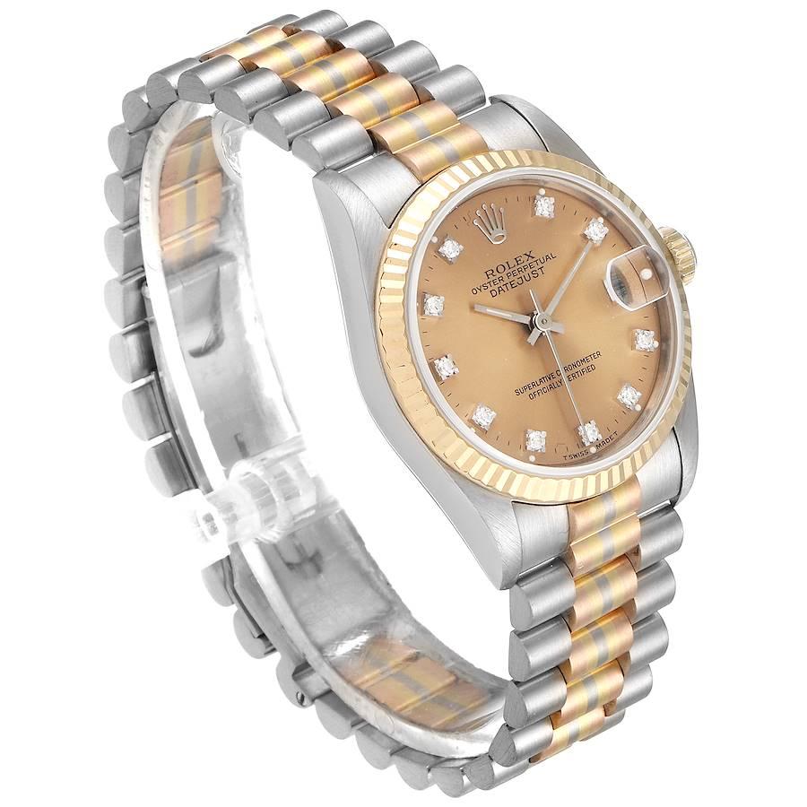 Rolex President Tridor Midsize White Yellow Rose Gold Diamond Ladies Watch 68279 In Excellent Condition For Sale In Atlanta, GA