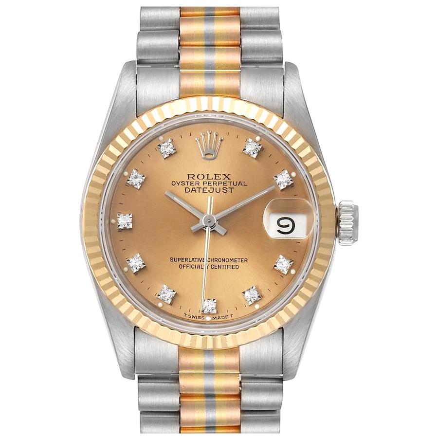 Rolex President Tridor Midsize White Yellow Rose Gold Diamond Ladies Watch 68279 For Sale