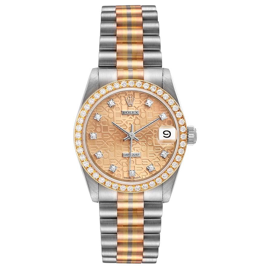 Rolex President Tridor Midsize White Yellow Rose Gold Diamond Ladies Watch 68289. Officially certified chronometer self-winding movement. 18k white gold oyster case 31.0 mm in diameter. Rolex logo on a crown. Original Rolex factory diamond bezel.