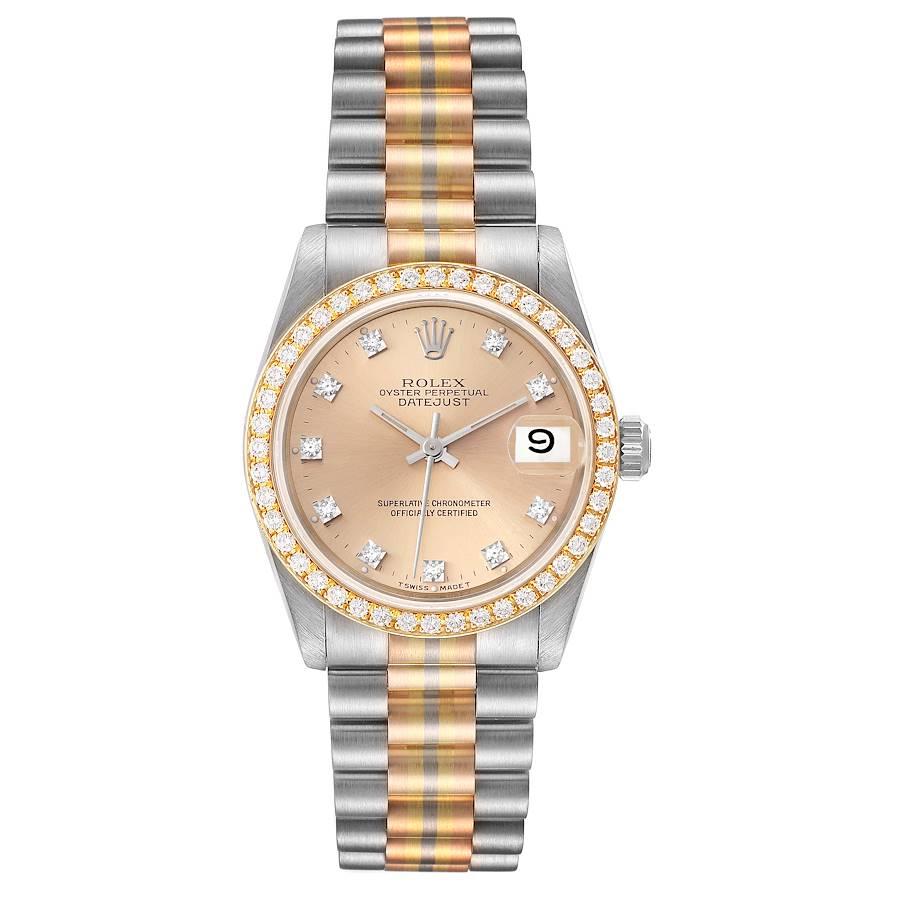 Rolex President Tridor Midsize White Yellow Rose Gold Diamond Ladies Watch 68289. Officially certified chronometer automatic self-winding movement. 18k white gold oyster case 31.0 mm in diameter. Rolex logo on the crown. Original Rolex factory