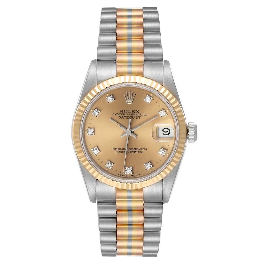 Rolex President Tridor Midsize White Yellow Rose Gold Diamond Watch 68279. Officially certified chronometer self-winding movement. 18k white gold oyster case 31.0 mm in diameter. Rolex logo on a crown. 18K yellow gold fluted bezel. Scratch resistant