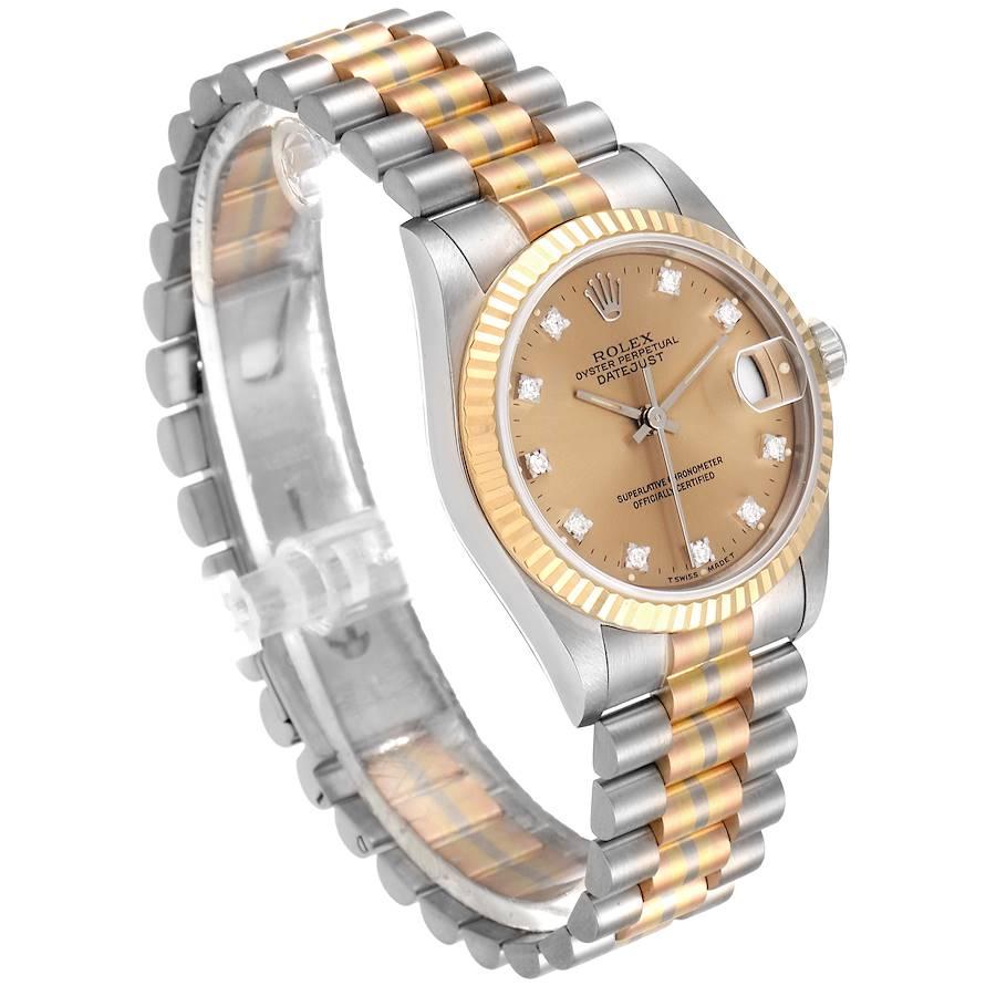 Rolex President Tridor Midsize White Yellow Rose Gold Diamond Watch 68279 In Excellent Condition For Sale In Atlanta, GA