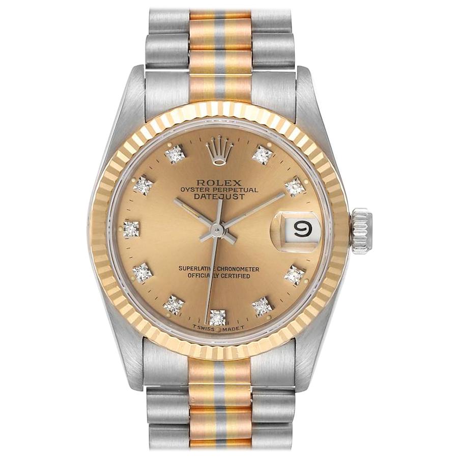 Rolex President Tridor Midsize White Yellow Rose Gold Diamond Watch 68279 For Sale