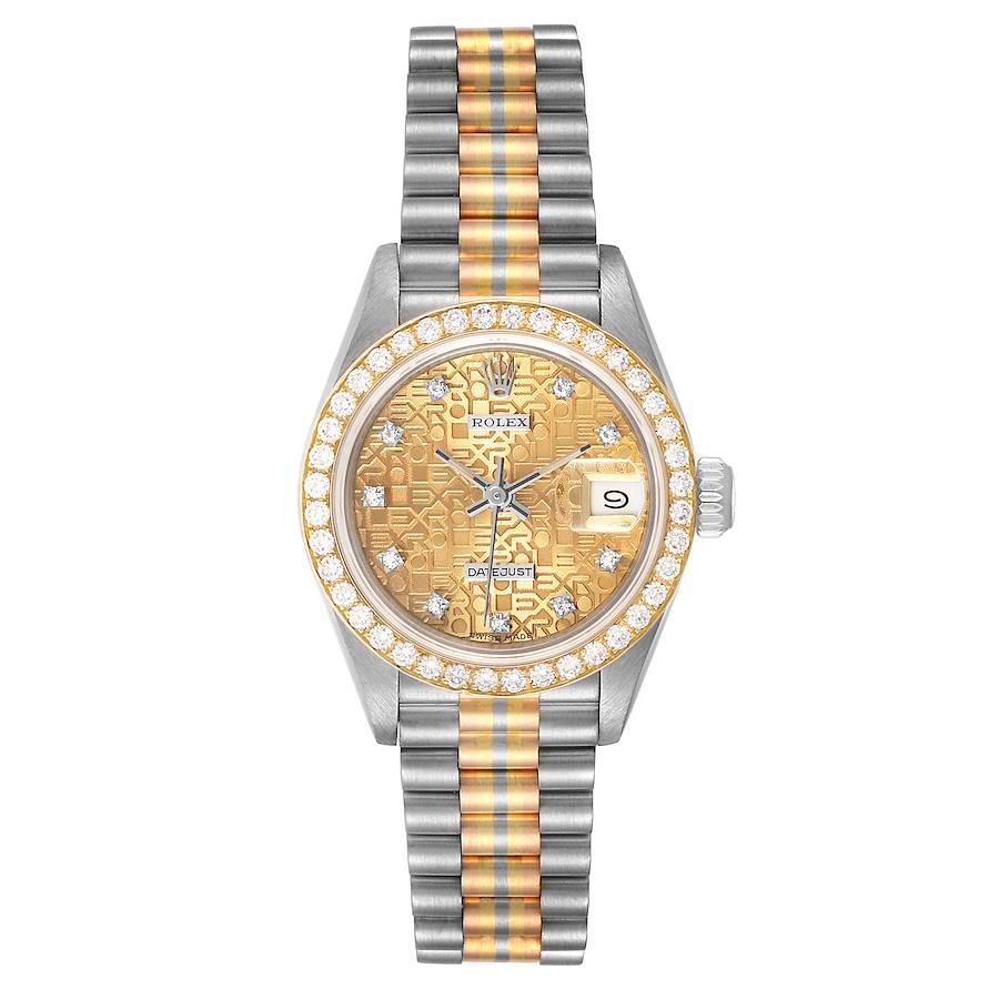 Rolex President Tridor White Yellow Rose Gold Diamond Ladies Watch 69139. Officially certified chronometer self-winding movement. 18k white gold oyster case 26.0 mm in diameter. Rolex logo on a crown. Original Rolex factory diamond bezel. Scratch