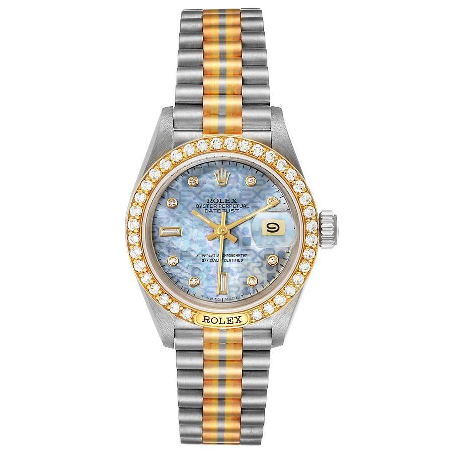 Rolex President Tridor White Yellow Rose Gold Diamond Ladies Watch 69149. Officially certified chronometer self-winding movement. 18k white gold oyster case 26.0 mm in diameter. Rolex logo on a crown. Original Rolex factory diamond bezel. Scratch