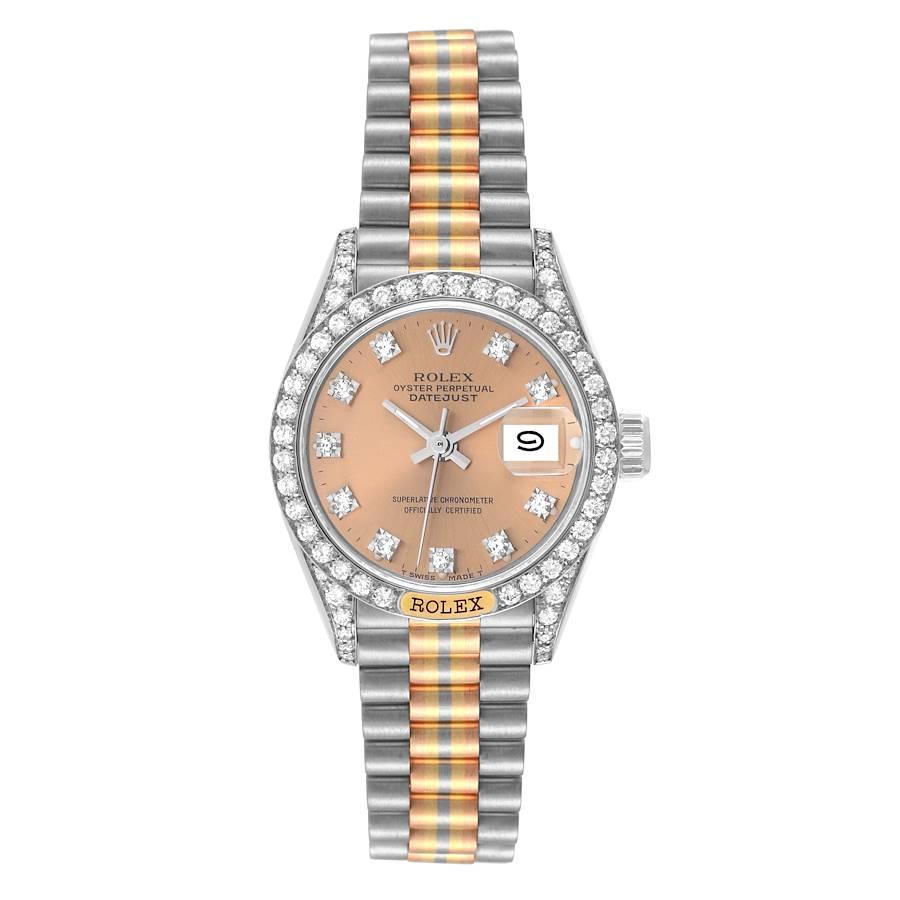 Rolex President Tridor White Yellow Rose Gold Diamond Ladies Watch 69159. Officially certified chronometer self-winding movement. 18k white gold oyster case 26.0 mm in diameter. Rolex logo on a crown. Original Rolex factory diamond lugs. Original