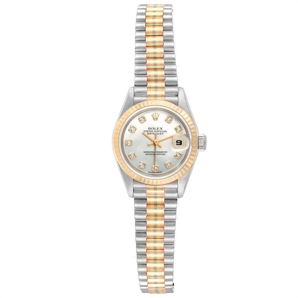 Rolex President Tridor White Yellow Rose Gold Diamond Ladies Watch 69179. Officially certified chronometer automatic self-winding movement. 18k white gold oyster case 26.0 mm in diameter. Rolex logo on a crown. 18K yellow gold fluted bezel. Scratch