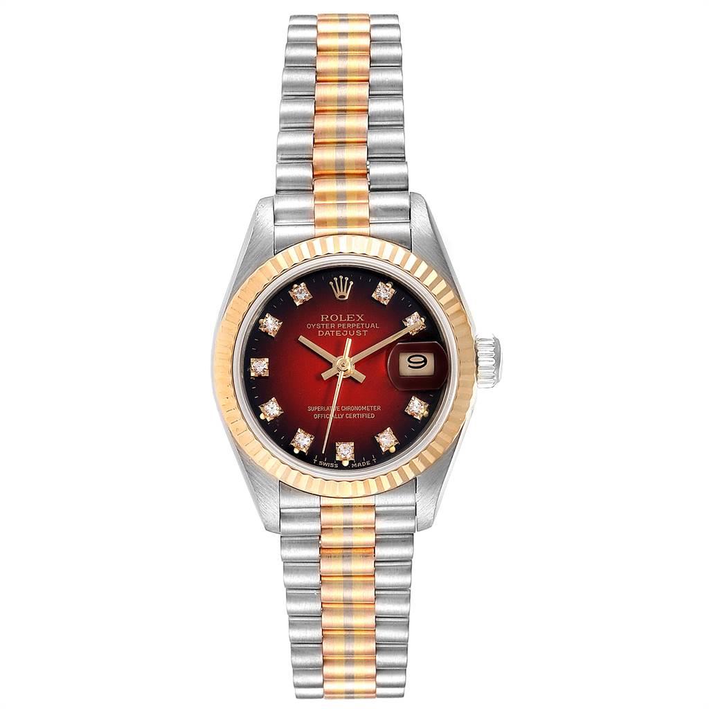 Rolex President Tridor White Yellow Rose Gold Diamond Ladies Watch 69179. Officially certified chronometer self-winding movement. 18k white gold oyster case 26.0 mm in diameter. Rolex logo on a crown. 18K yellow gold fluted bezel. Scratch resistant