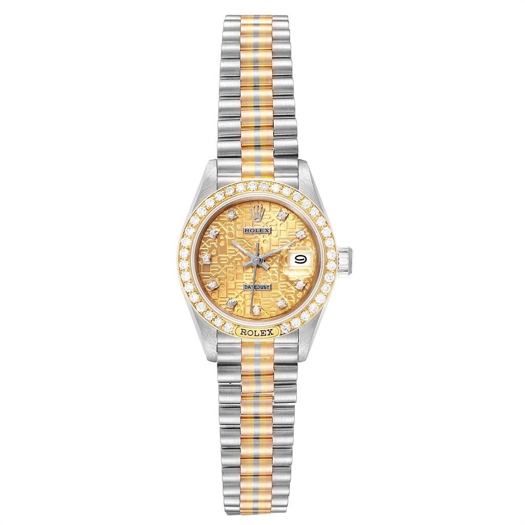 Rolex President Tridor White Yellow Rose Gold Diamond Ladies Watch 69179. Officially certified chronometer self-winding movement. 18k white gold oyster case 26.0 mm in diameter. Rolex logo on a crown. Original Rolex factory diamond bezel. Scratch