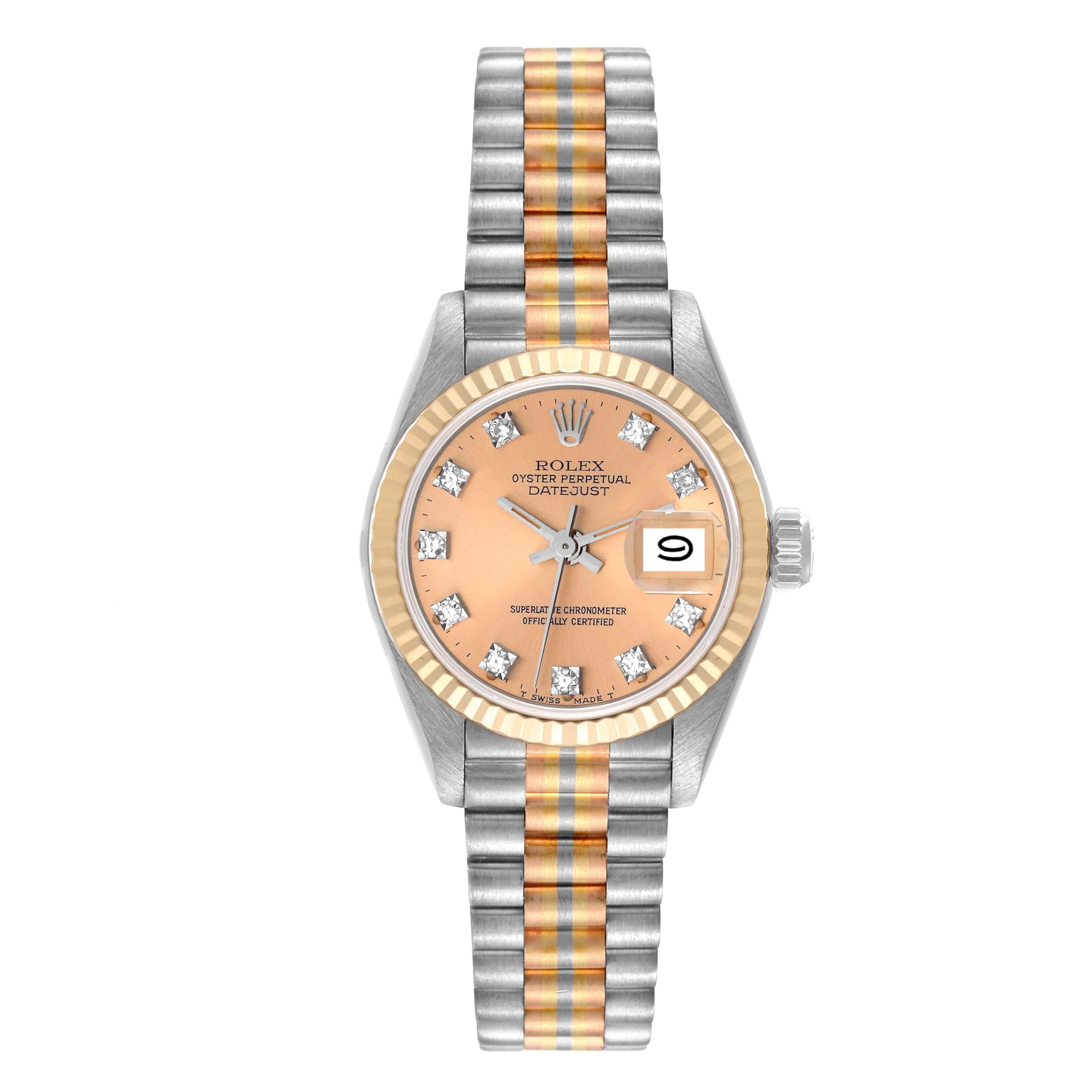 Rolex President Tridor White Yellow Rose Gold Diamond Ladies Watch 69179. Officially certified chronometer self-winding movement. 18k white gold oyster case 26.0 mm in diameter. Rolex logo on crown. 18K yellow gold fluted bezel. Scratch resistant